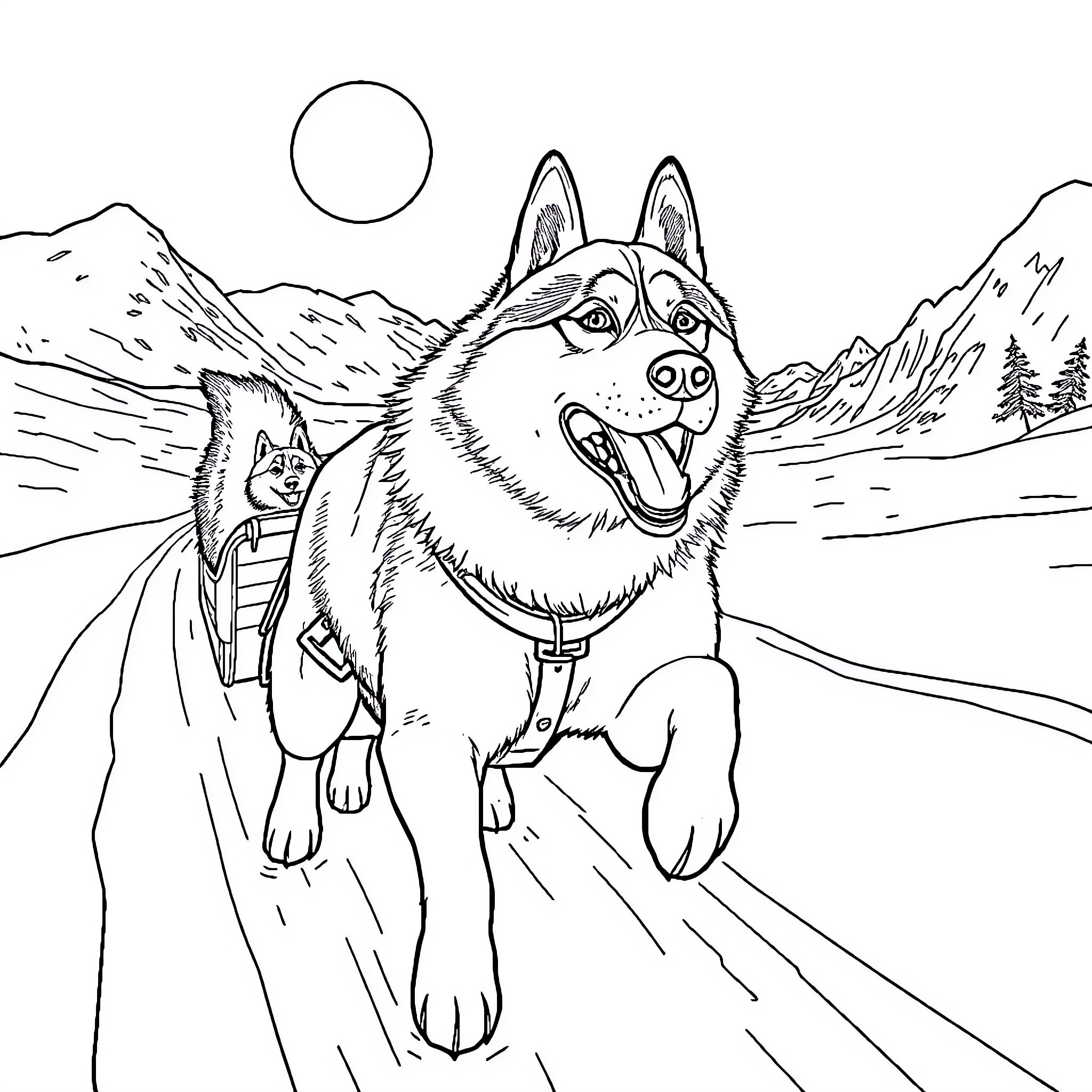 Siberian Husky exploring rugged mountain trail Coloring Page (free black-and-white line drawing printable PDF for all, from beginners to advanced learners, including children, teens, adults, and seniors)