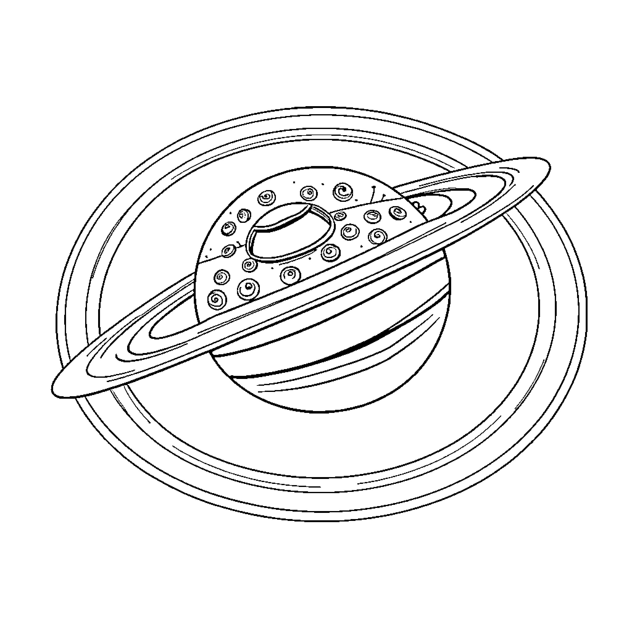 Pizza-Shaped Spacecraft in Outer Space Coloring Page (free black-and-white line drawing printable PDF for all, from beginners to advanced learners, including children, teens, adults, and seniors)