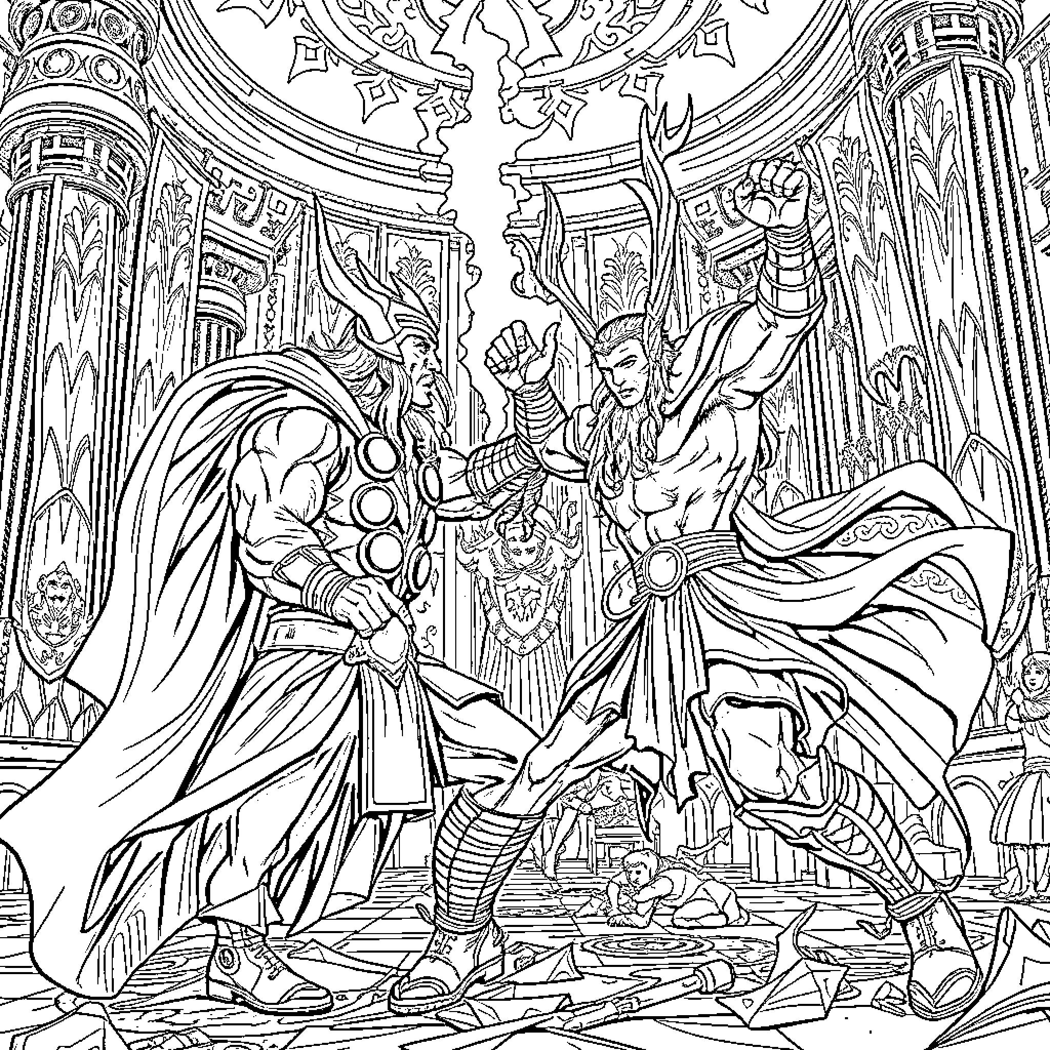 Thor battling with another warrior in an elaborate palace setting Coloring Page (free black-and-white line drawing printable PDF for all, from beginners to advanced learners, including children, teens, adults, and seniors)