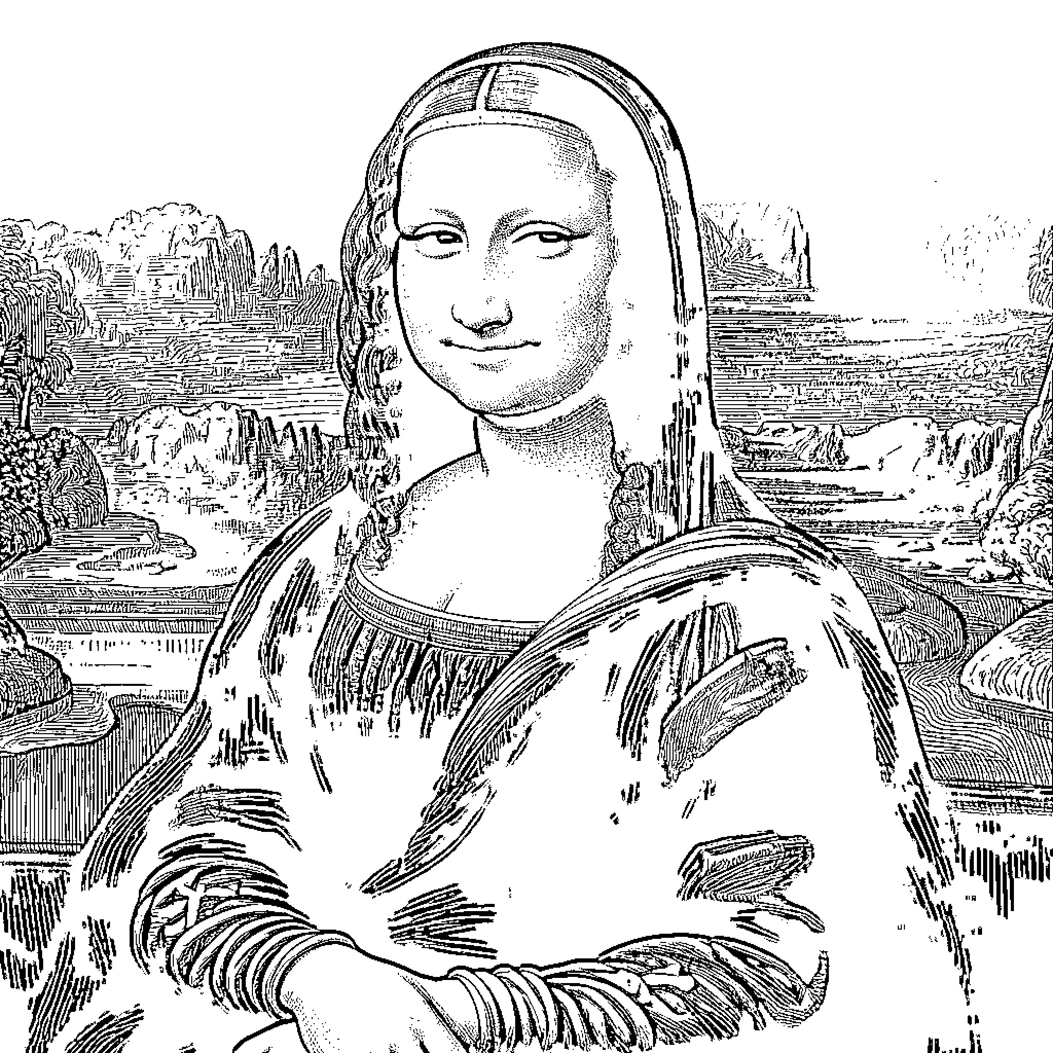 Mona Lisa's Contemplative Gaze in Landscape Surroundings Coloring Page (free black-and-white line drawing printable PDF for all, from beginners to advanced learners, including children, teens, adults, and seniors)