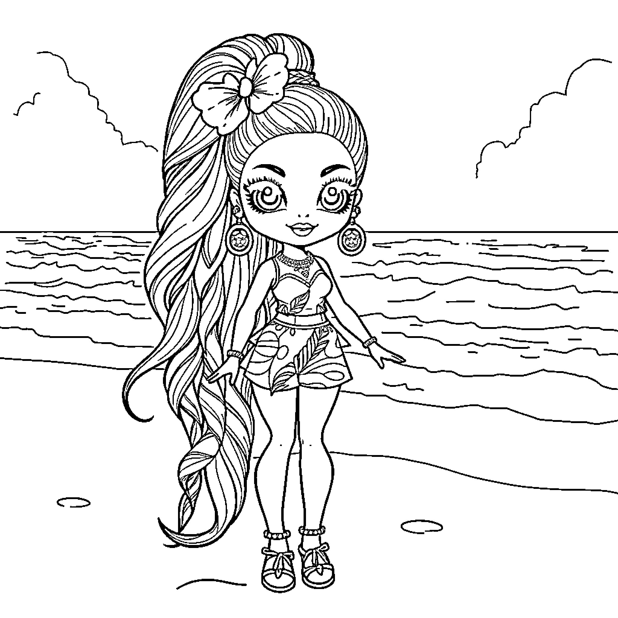 Bratz Doll enjoying the beach scene Coloring Page (free black-and-white line drawing printable PDF for all, from beginners to advanced learners, including children, teens, adults, and seniors)