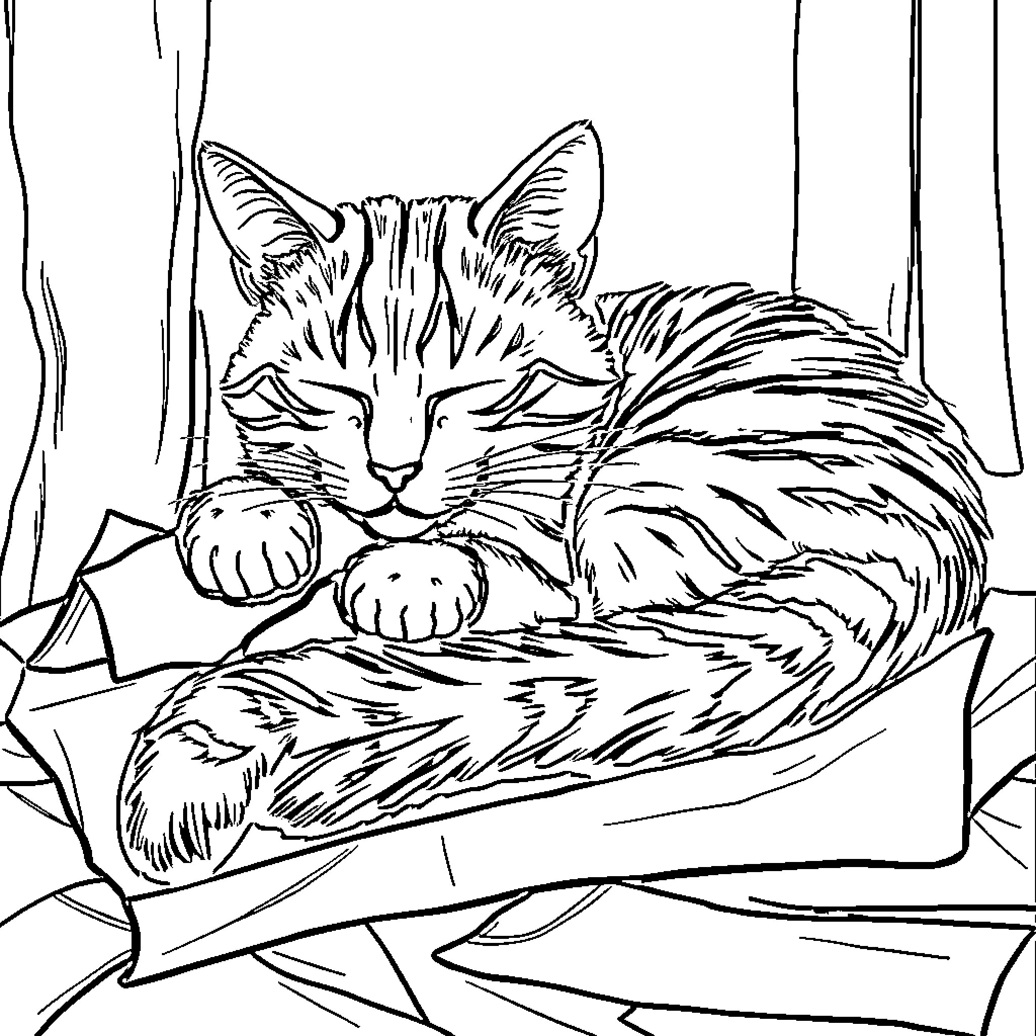 Gato resting comfortably on a cozy bed Coloring Page (free black-and-white line drawing printable PDF for all, from beginners to advanced learners, including children, teens, adults, and seniors)