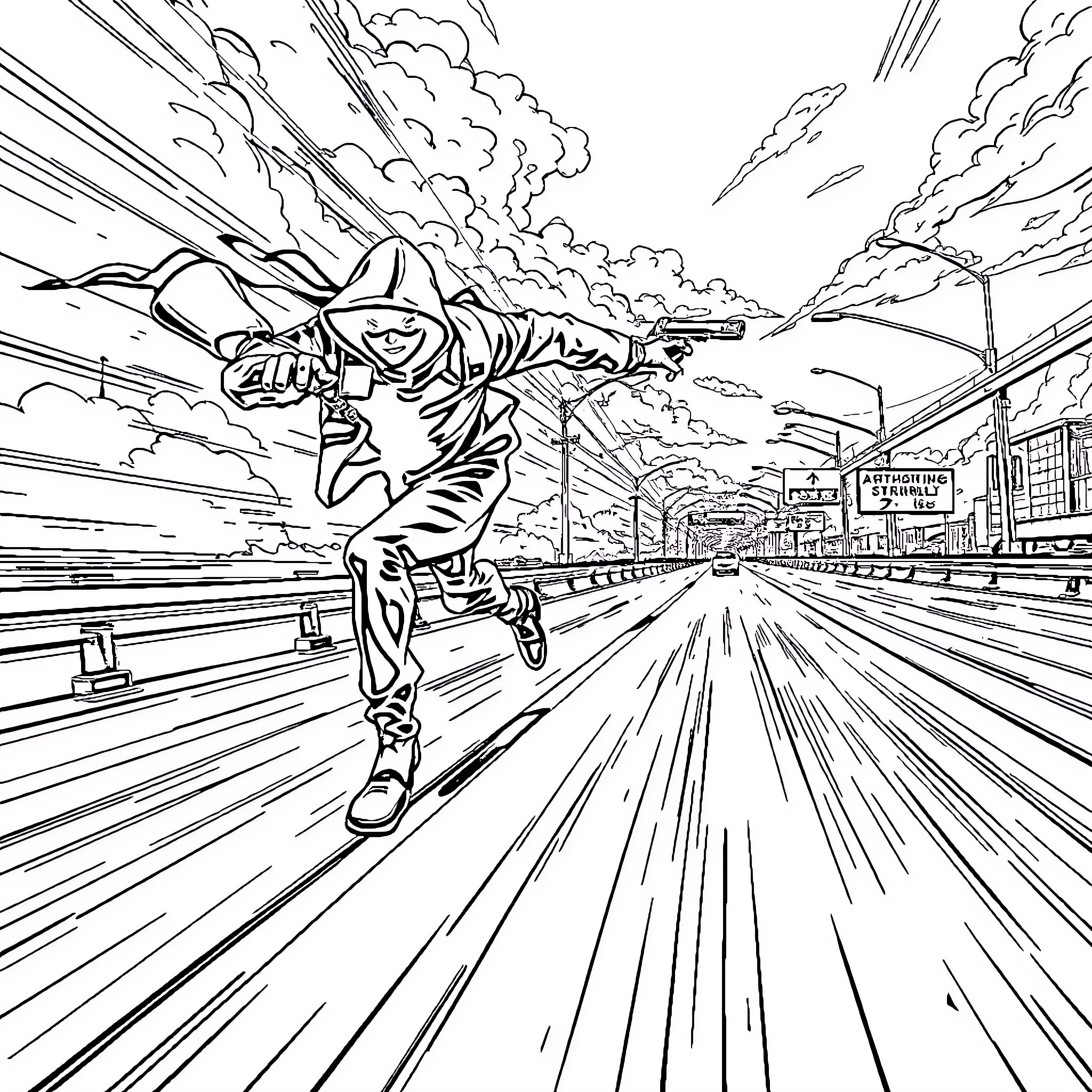 Shadow Hunter on High-Speed Pursuit Coloring Page (free black-and-white line drawing printable PDF for all, from beginners to advanced learners, including children, teens, adults, and seniors)