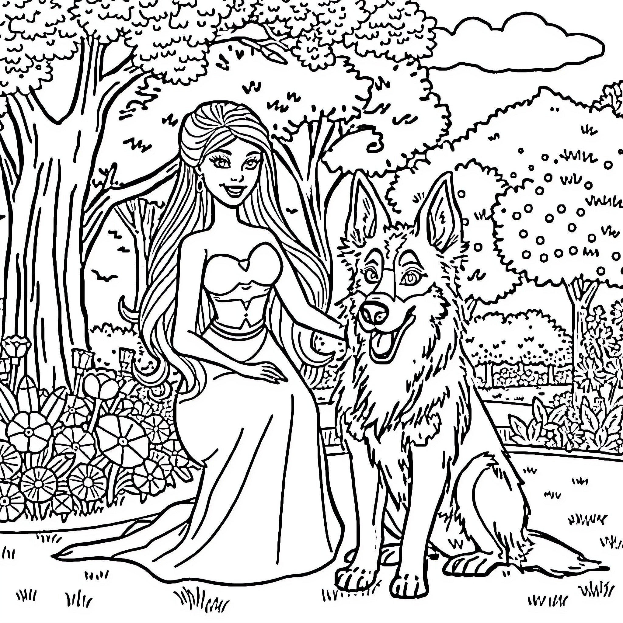 Barbie exploring the magical forest with her pet wolf Coloring Page (free black-and-white line drawing printable PDF for all, from beginners to advanced learners, including children, teens, adults, and seniors)