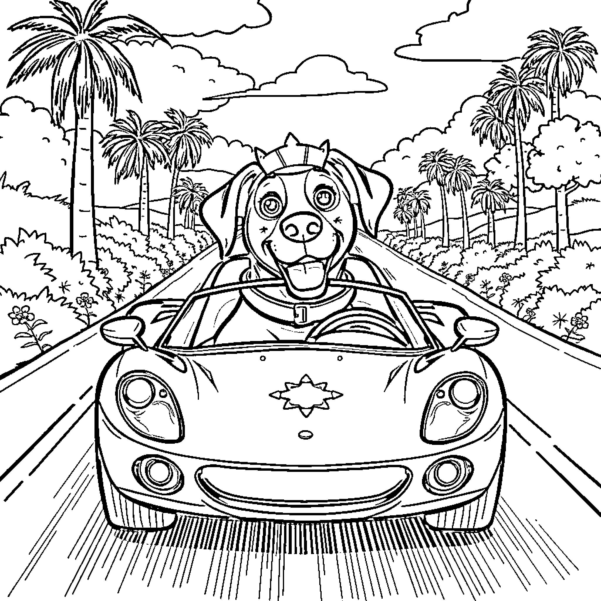Sheriff Labrador driving a sports car on a tropical road Coloring Page (free black-and-white line drawing printable PDF for all, from beginners to advanced learners, including children, teens, adults, and seniors)