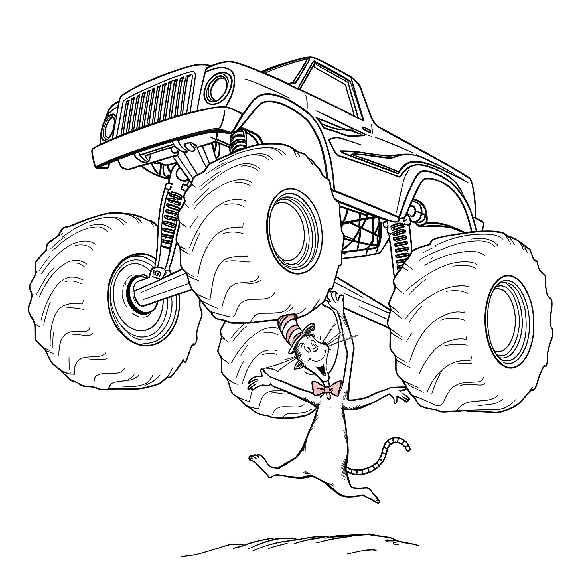 Monster Truck Jumping Over Obstacle Course Coloring Page (free black-and-white line drawing printable PDF for all, from beginners to advanced learners, including children, teens, adults, and seniors)
