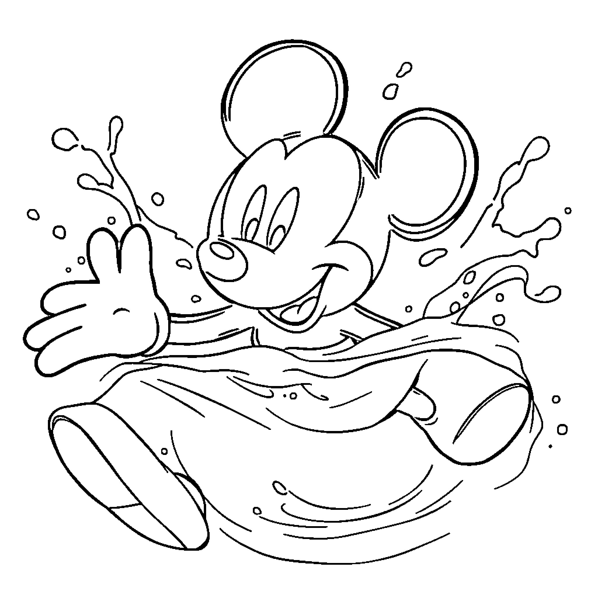 Mickey Mouse having fun in the water Coloring Page (free black-and-white line drawing printable PDF for all, from beginners to advanced learners, including children, teens, adults, and seniors)