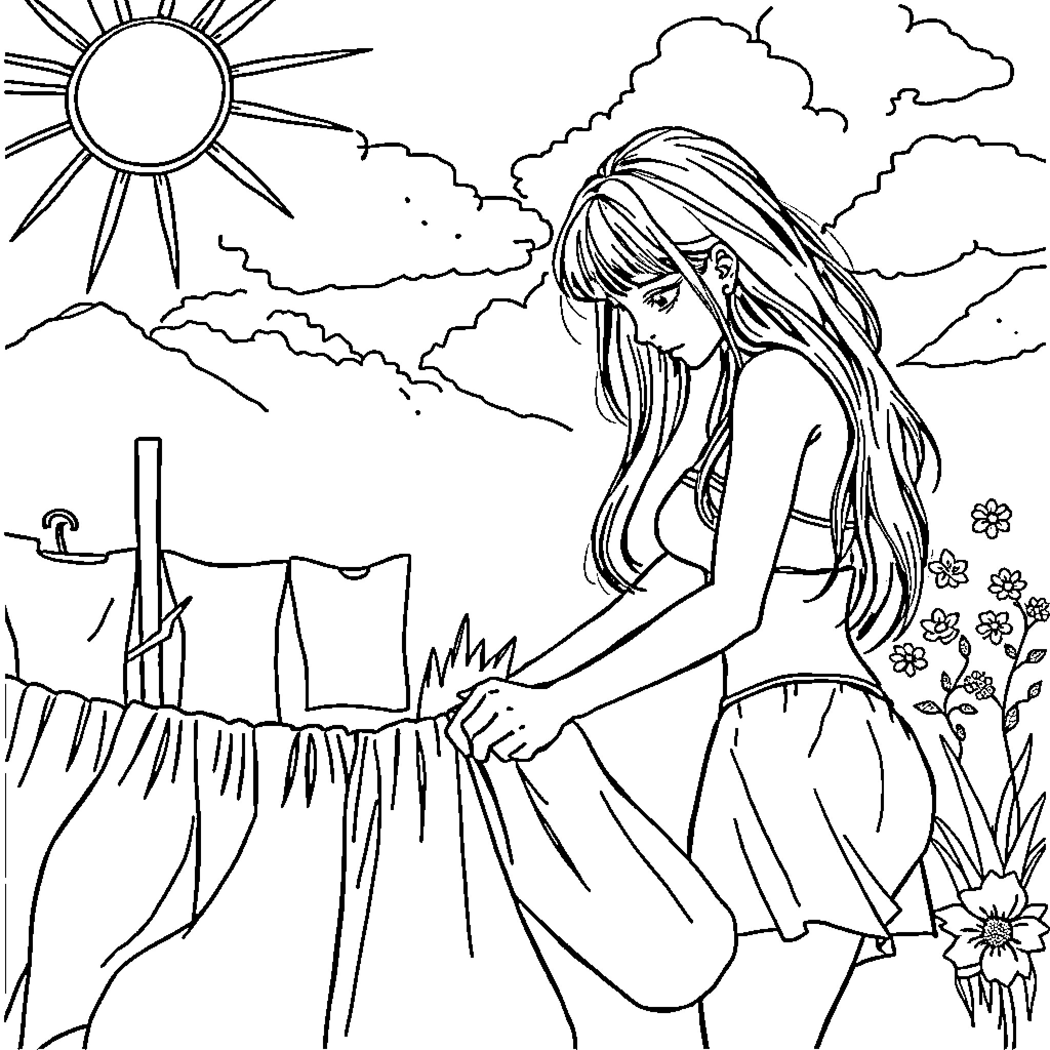 Girl enjoying nature and outdoor scenery Coloring Page (free black-and-white line drawing printable PDF for all, from beginners to advanced learners, including children, teens, adults, and seniors)