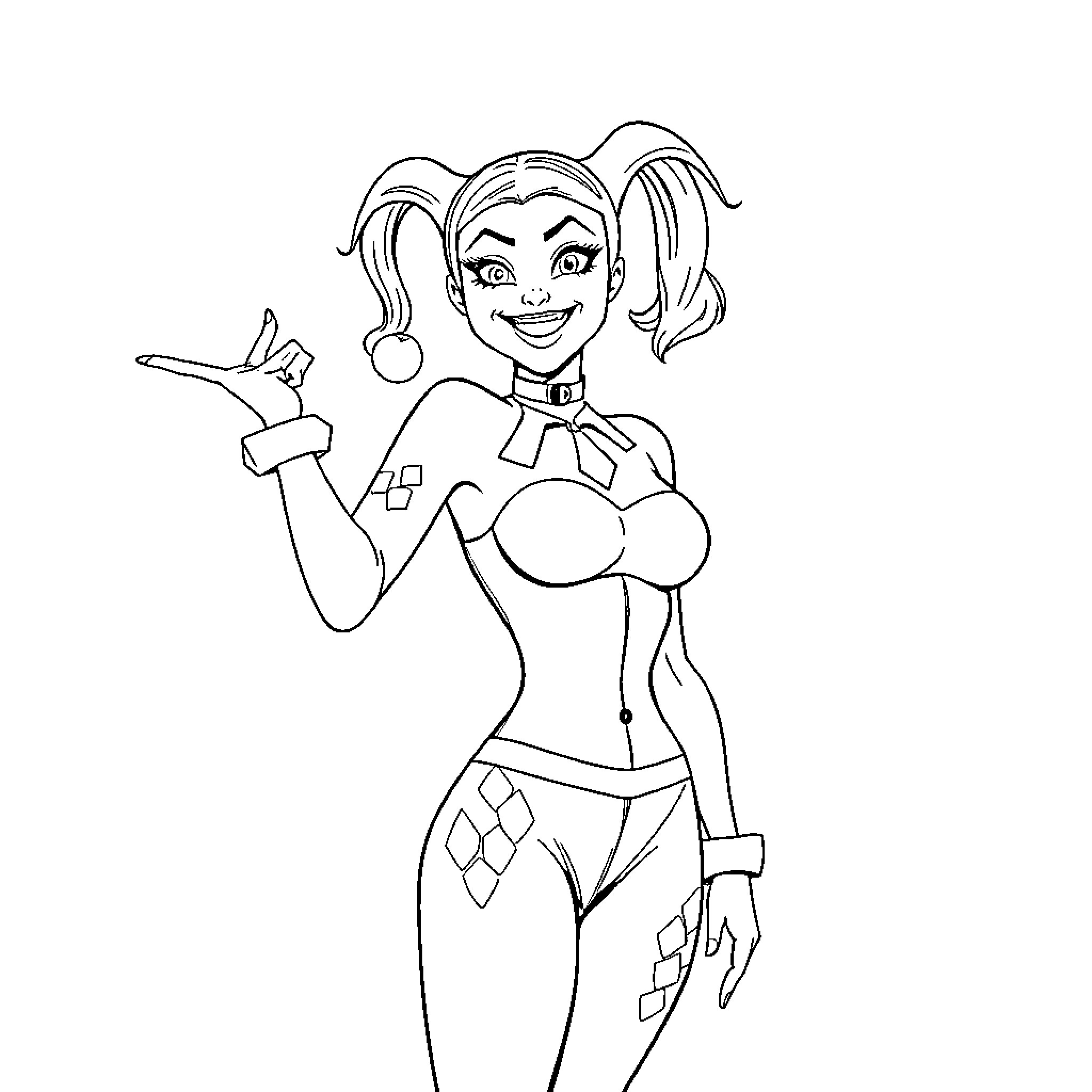 Harley Quinn striking a playful pose Coloring Page (free black-and-white line drawing printable PDF for all, from beginners to advanced learners, including children, teens, adults, and seniors)