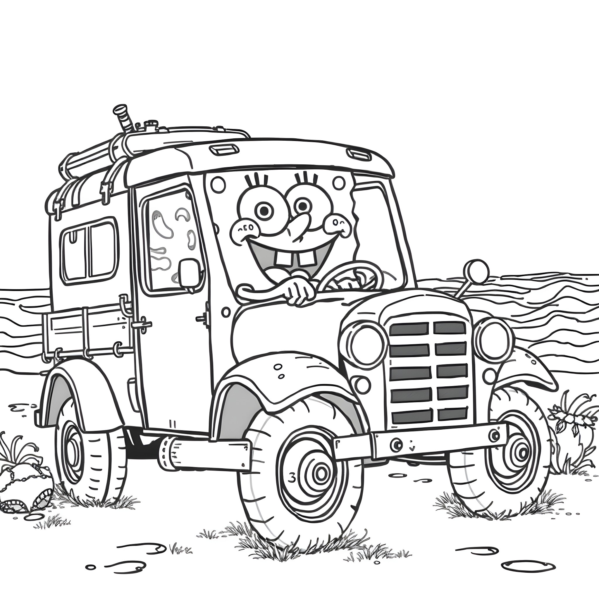 Spongebob's Offroad Adventure in a Quirky Truck Coloring Page (free black-and-white line drawing printable PDF for all, from beginners to advanced learners, including children, teens, adults, and seniors)