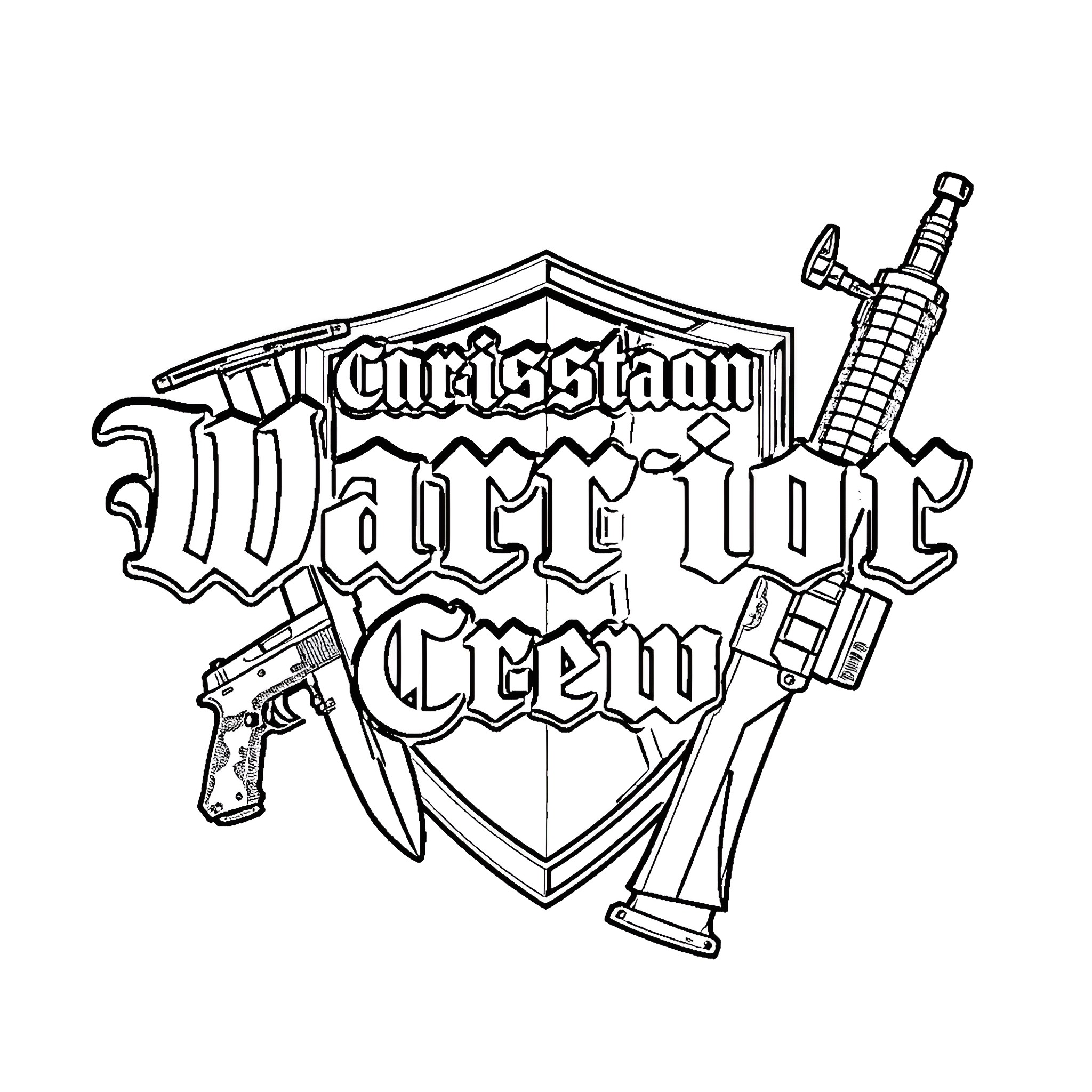Christian Warrior War Crew with Weaponry Coloring Page (free black-and-white line drawing printable PDF for all, from beginners to advanced learners, including children, teens, adults, and seniors)