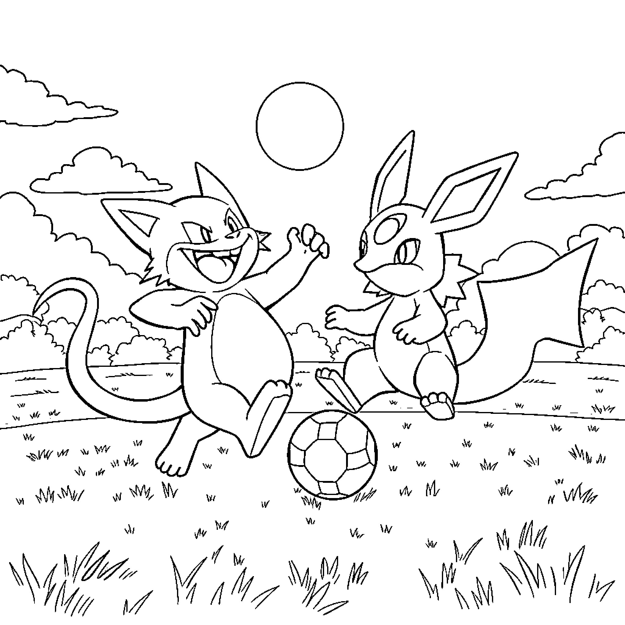 Gengar and Bunny Playing with Soccer Ball in the Park Coloring Page (free black-and-white line drawing printable PDF for all, from beginners to advanced learners, including children, teens, adults, and seniors)