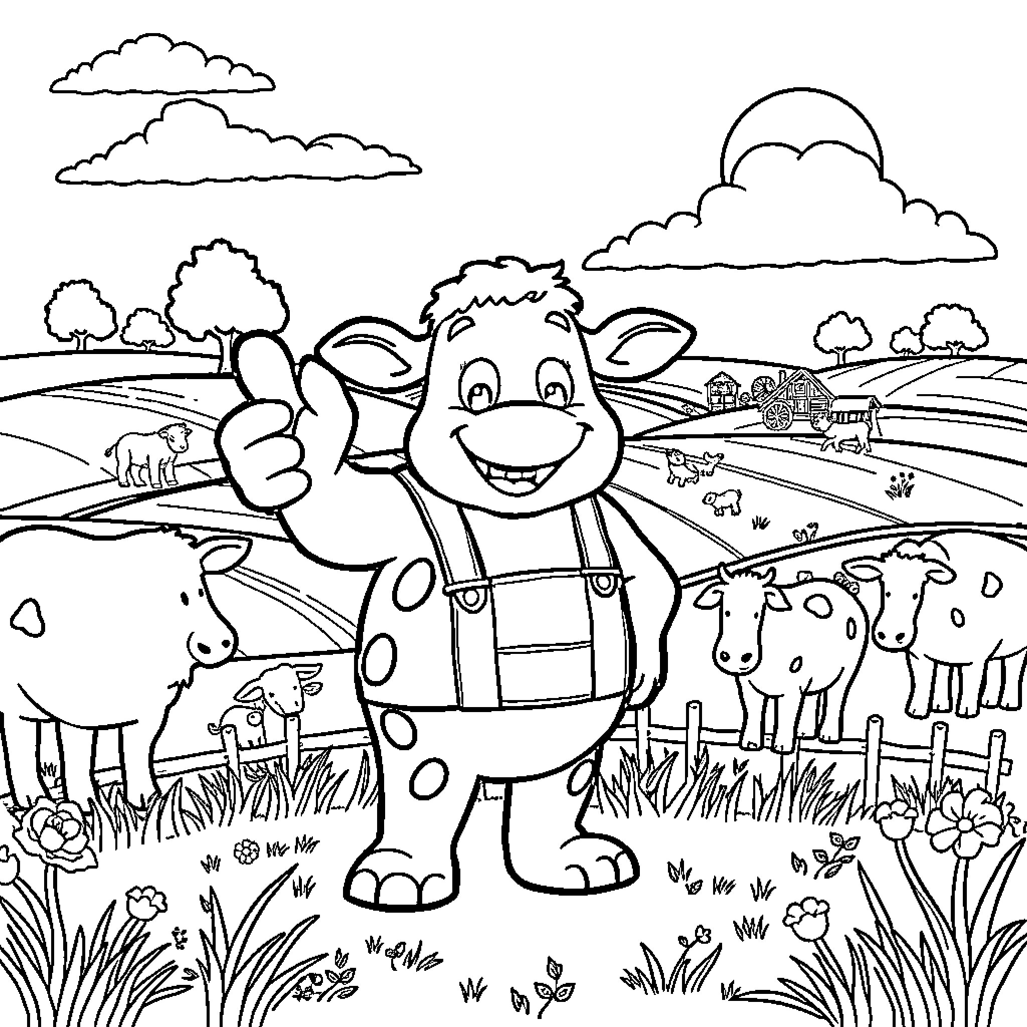 BiggThumbs Cow Greets Friendly Animals in Rural Farmscape Coloring Page (free black-and-white line drawing printable PDF for all, from beginners to advanced learners, including children, teens, adults, and seniors)