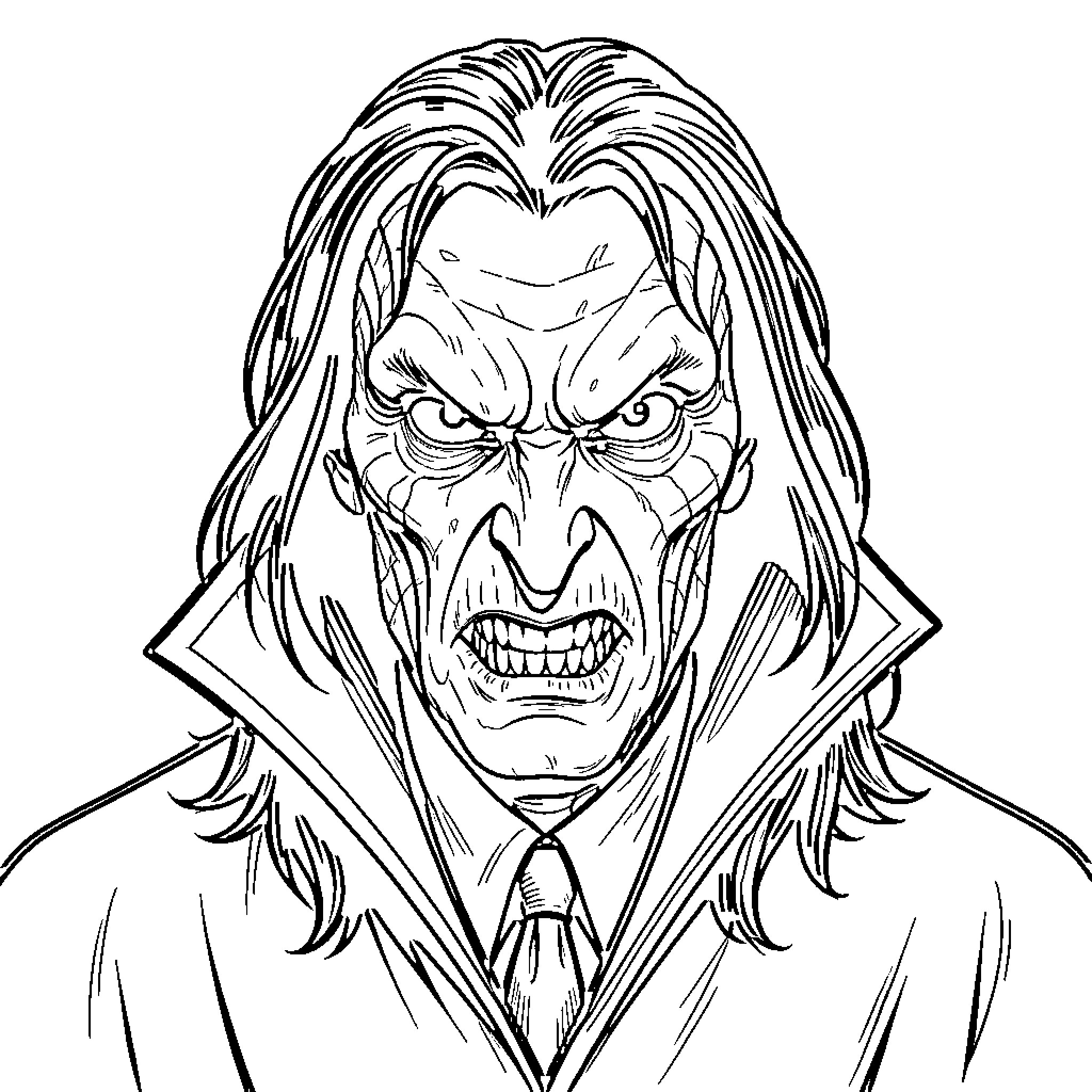 Voldemort's Menacing Glare in Formal Attire Coloring Page (free black-and-white line drawing printable PDF for all, from beginners to advanced learners, including children, teens, adults, and seniors)