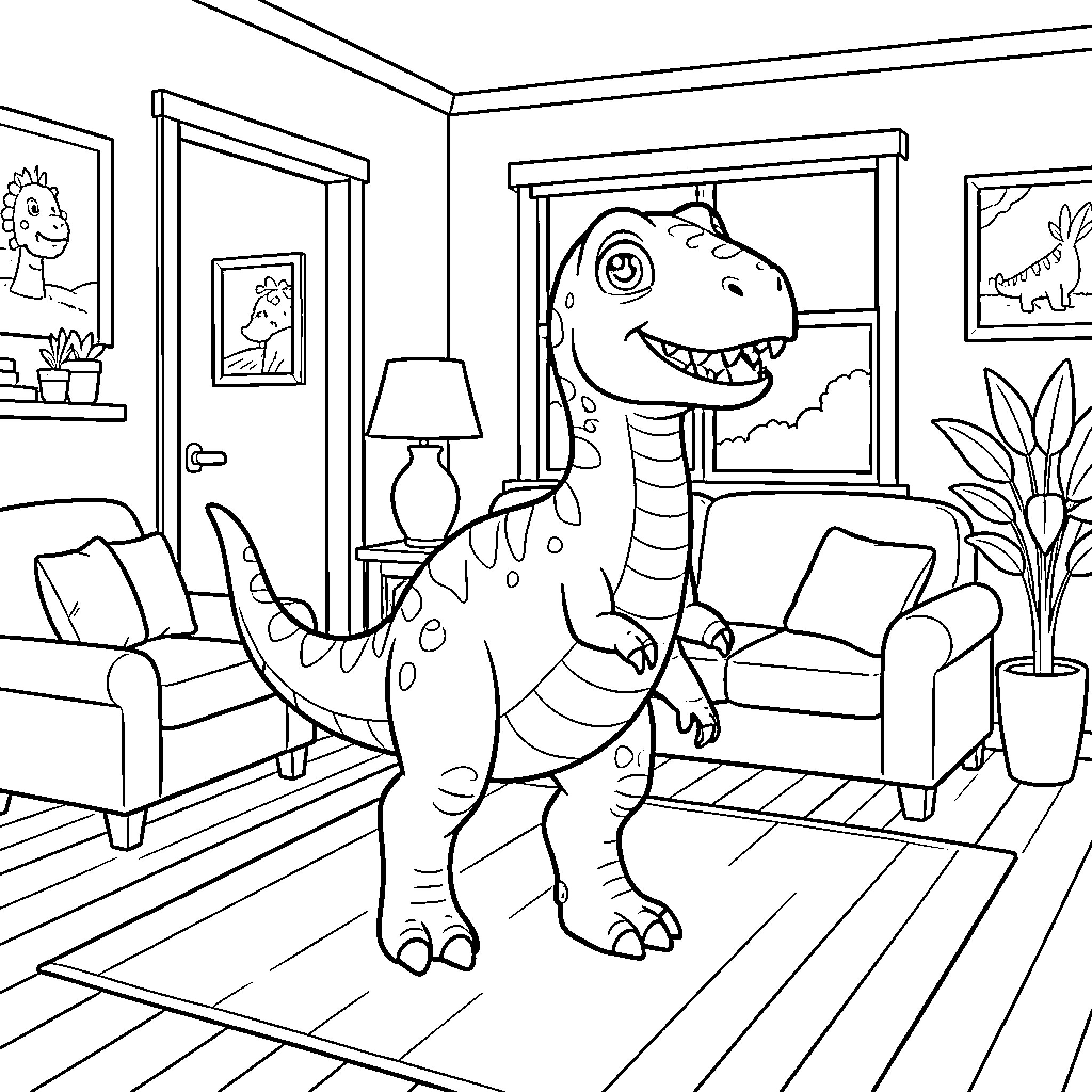Dinosaur playing in a cozy living room Coloring Page (free black-and-white line drawing printable PDF for all, from beginners to advanced learners, including children, teens, adults, and seniors)