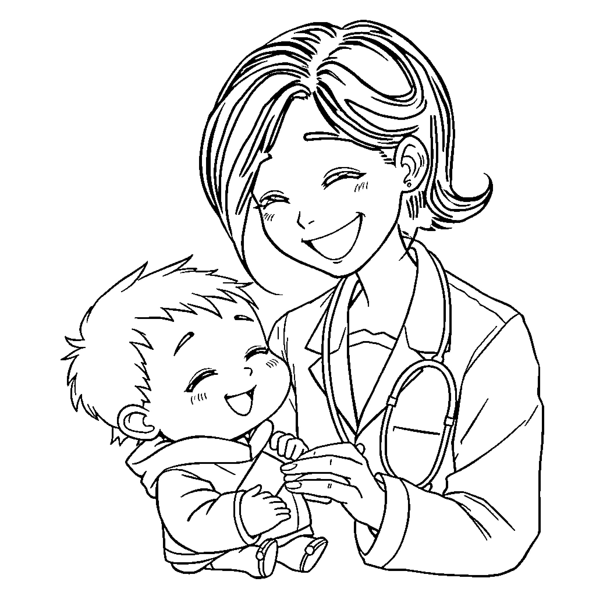 Doctor Caring for a Smiling Patient Coloring Page (free black-and-white line drawing printable PDF for all, from beginners to advanced learners, including children, teens, adults, and seniors)