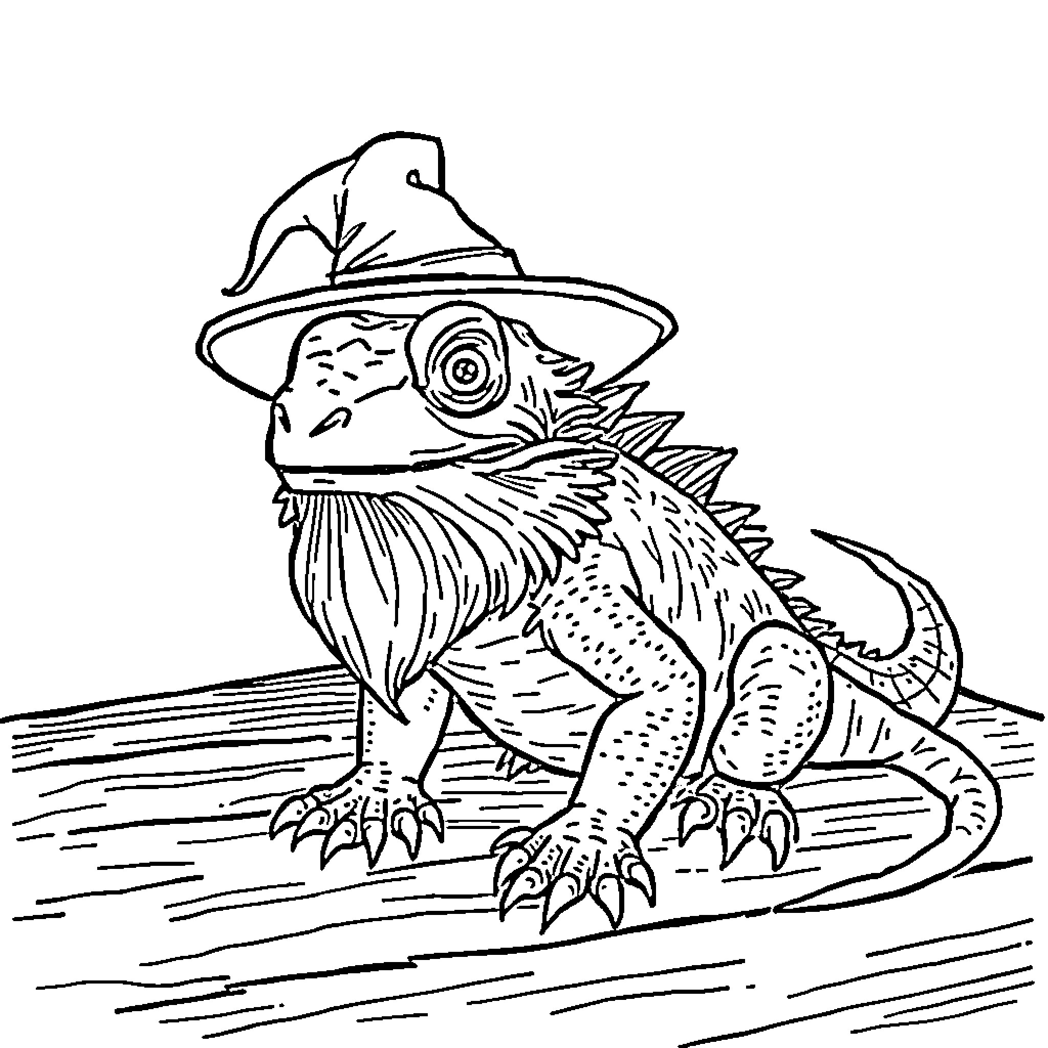 Bearded Dragon in Wizard's Hat on Wooden Floor Coloring Page (free black-and-white line drawing printable PDF for all, from beginners to advanced learners, including children, teens, adults, and seniors)