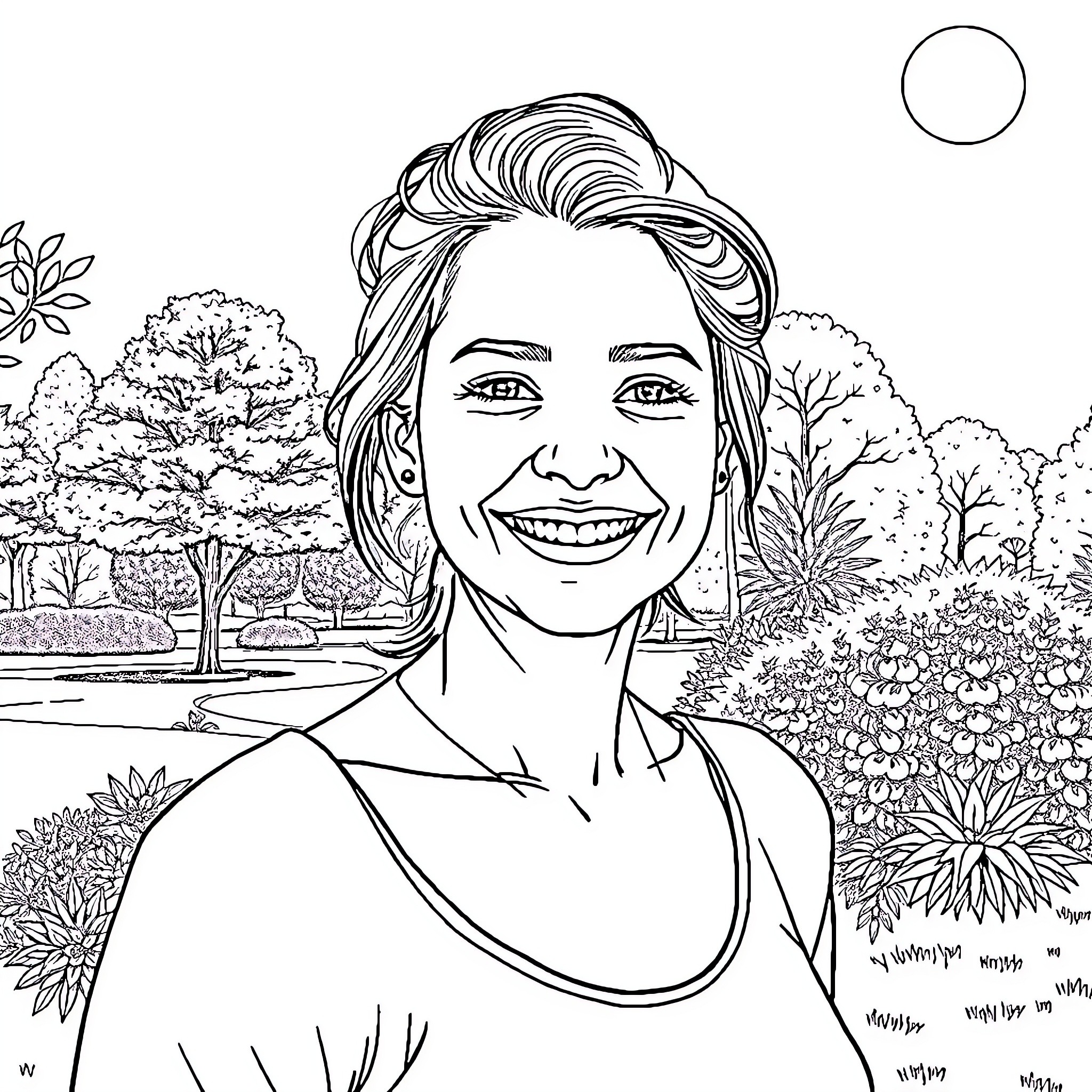 Photo of a smiling woman in a natural setting Coloring Page (free black-and-white line drawing printable PDF for all, from beginners to advanced learners, including children, teens, adults, and seniors)