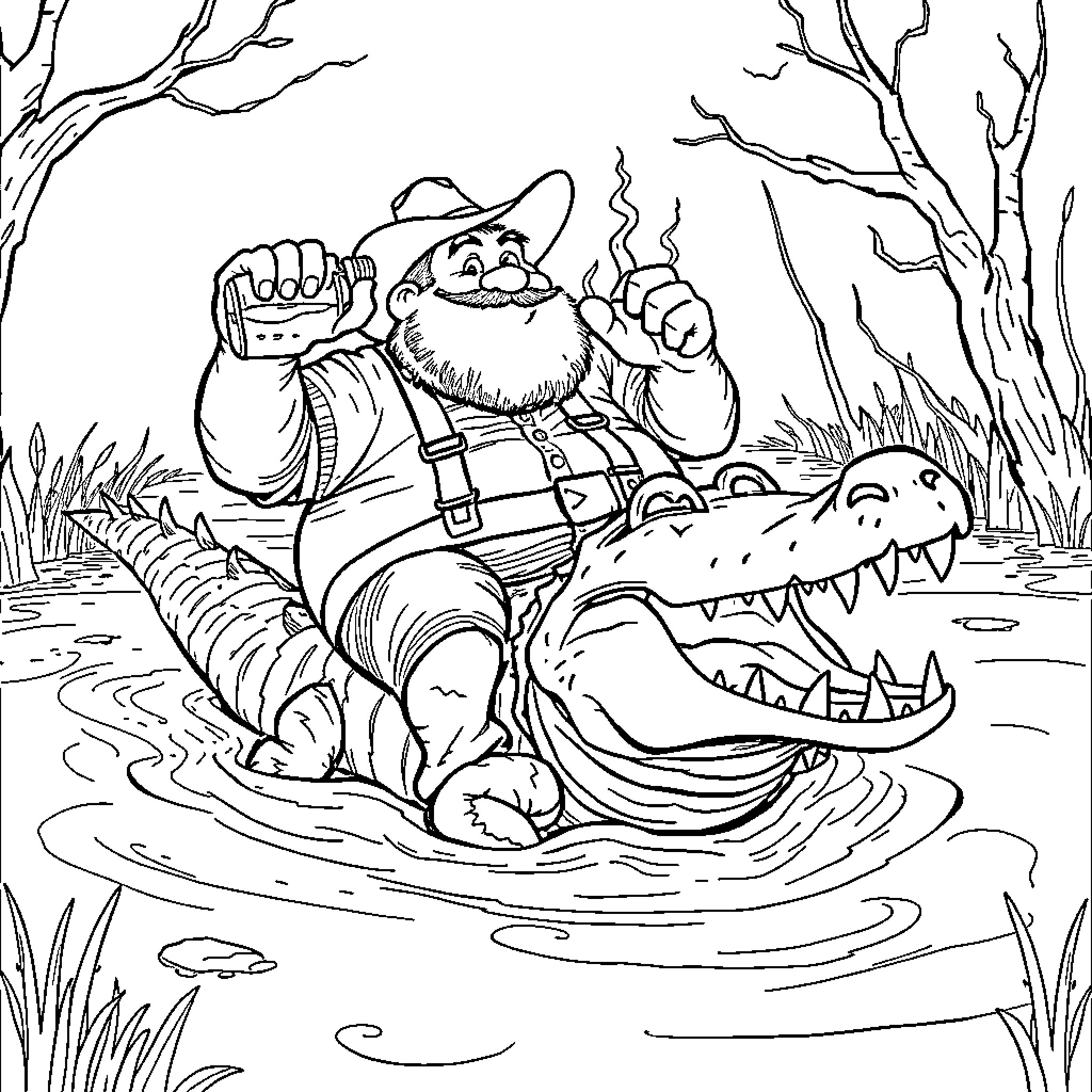Hillbilly fishing with alligator in swampy river Coloring Page (free black-and-white line drawing printable PDF for all, from beginners to advanced learners, including children, teens, adults, and seniors)