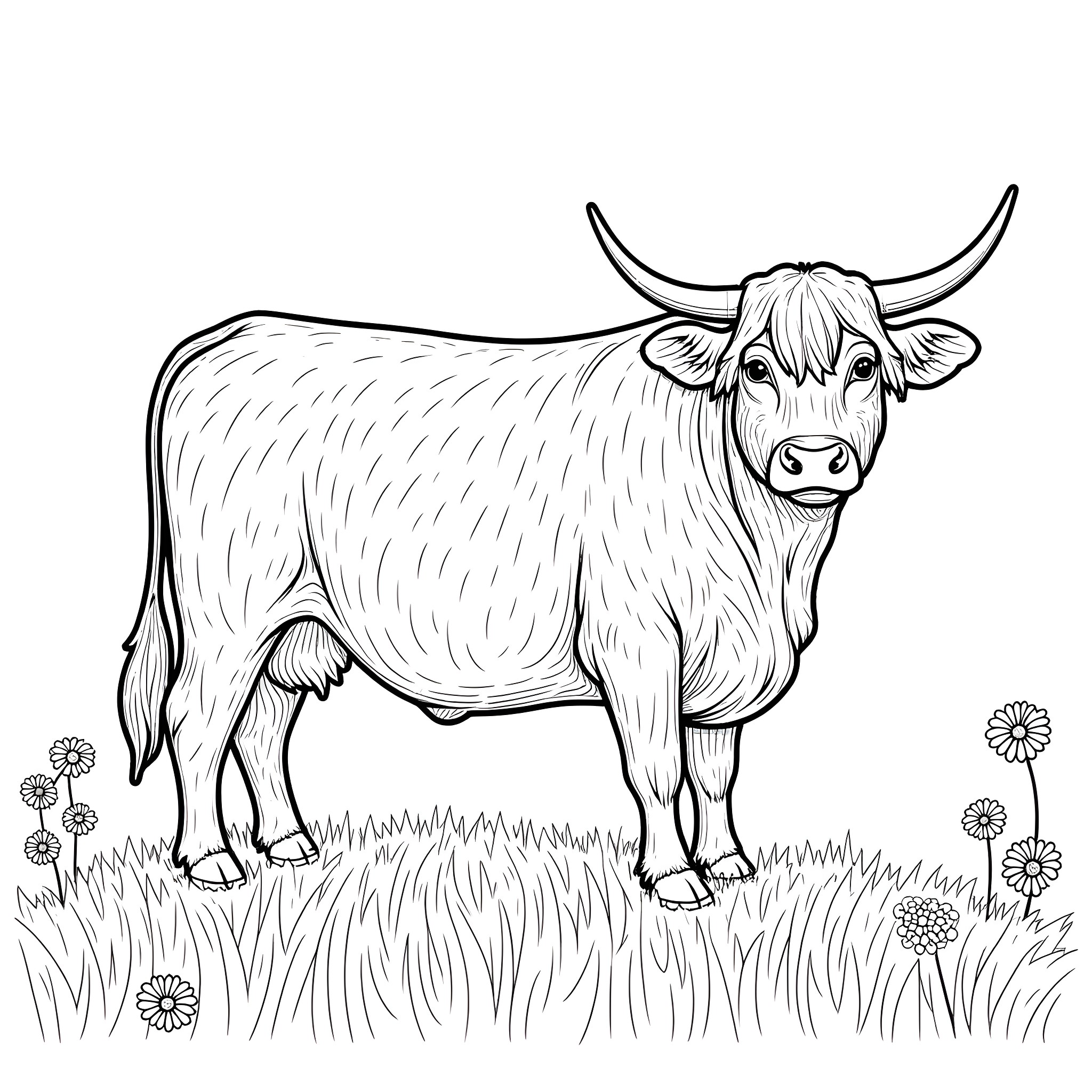 Highland Cow Standing in Grassy Field Coloring Page (free black-and-white line drawing printable PDF for all, from beginners to advanced learners, including children, teens, adults, and seniors)
