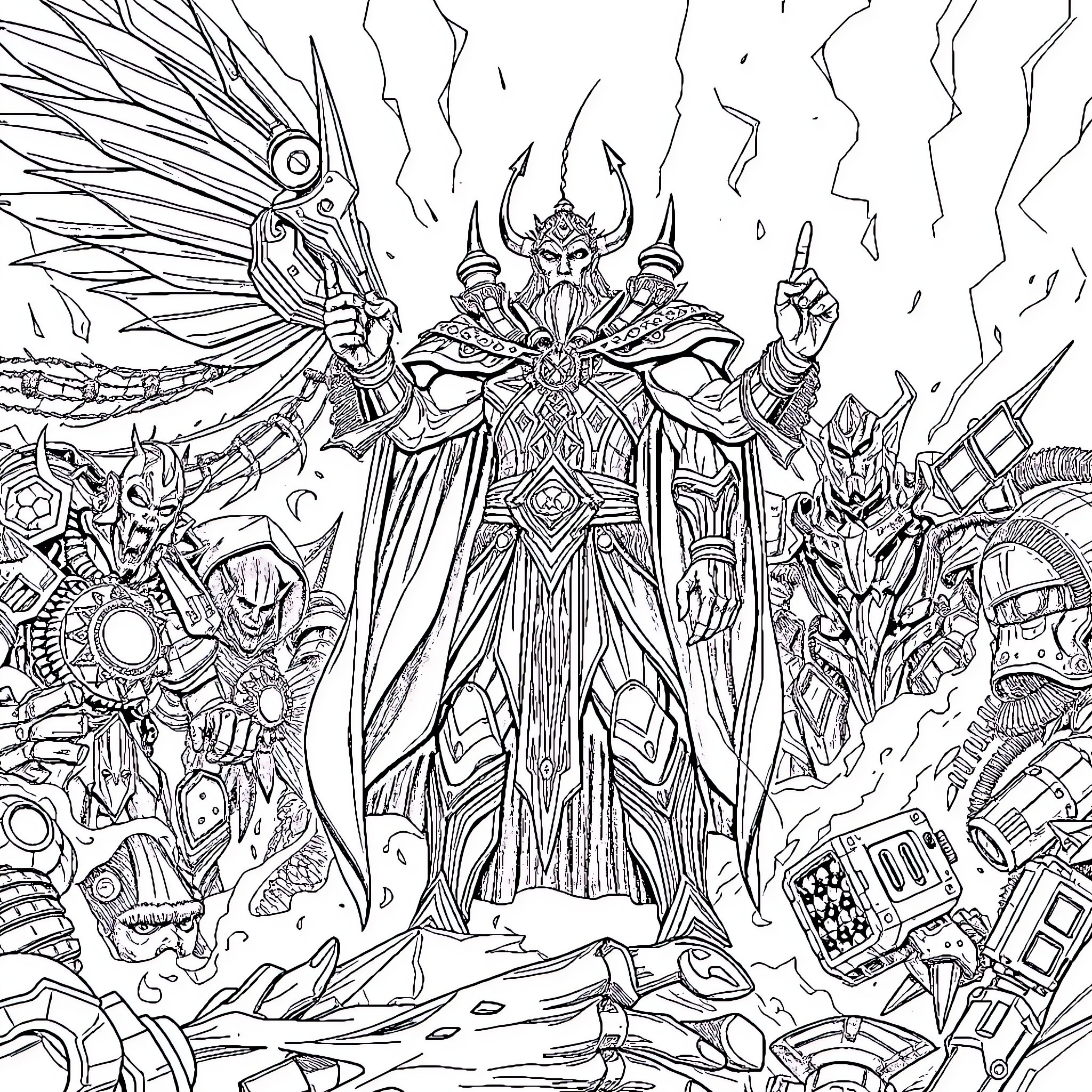 Urza's Cosmic Realm: Masters of the Arcane Coloring Page (free black-and-white line drawing printable PDF for all, from beginners to advanced learners, including children, teens, adults, and seniors)