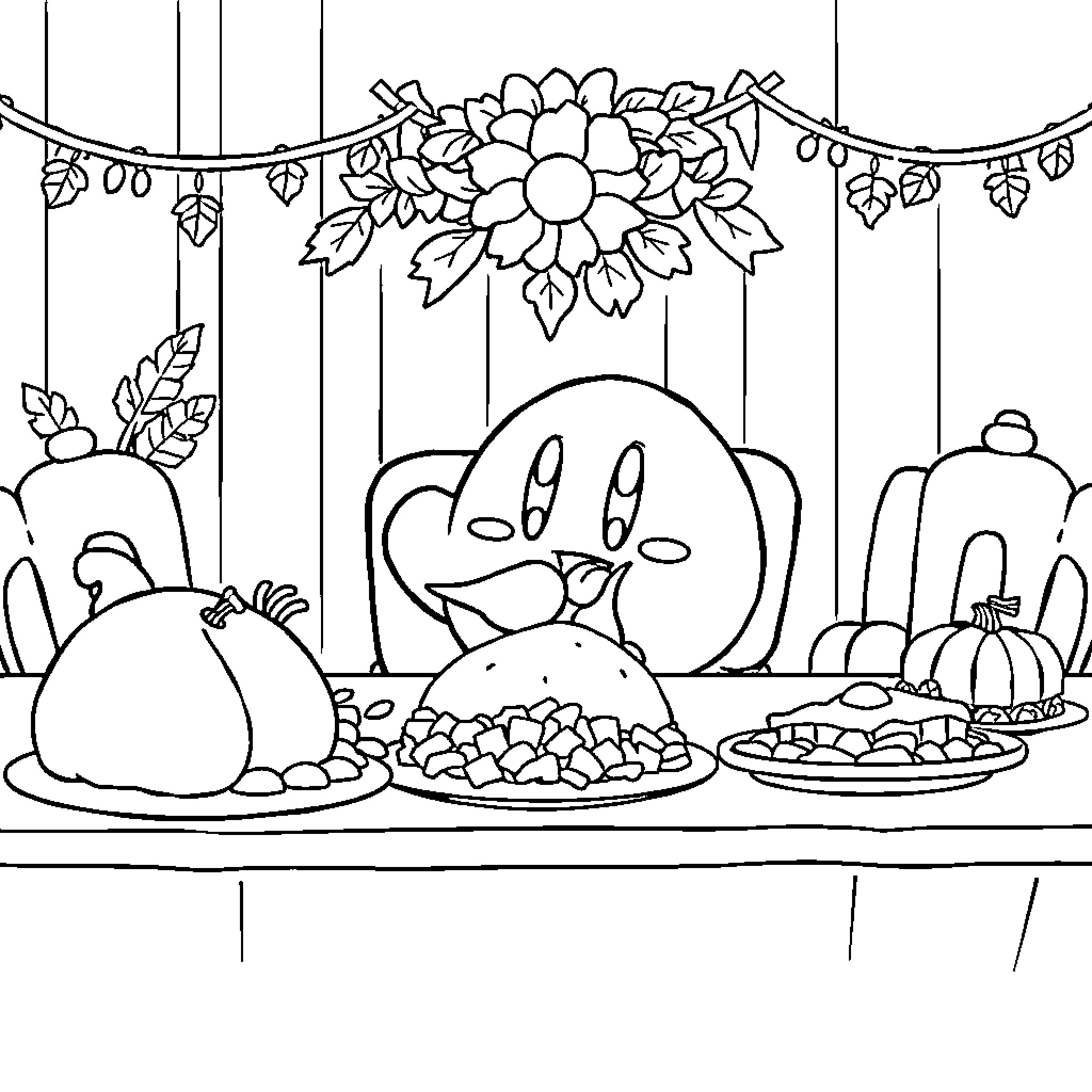 Kirby enjoying a festive Thanksgiving feast Coloring Page (free black-and-white line drawing printable PDF for all, from beginners to advanced learners, including children, teens, adults, and seniors)