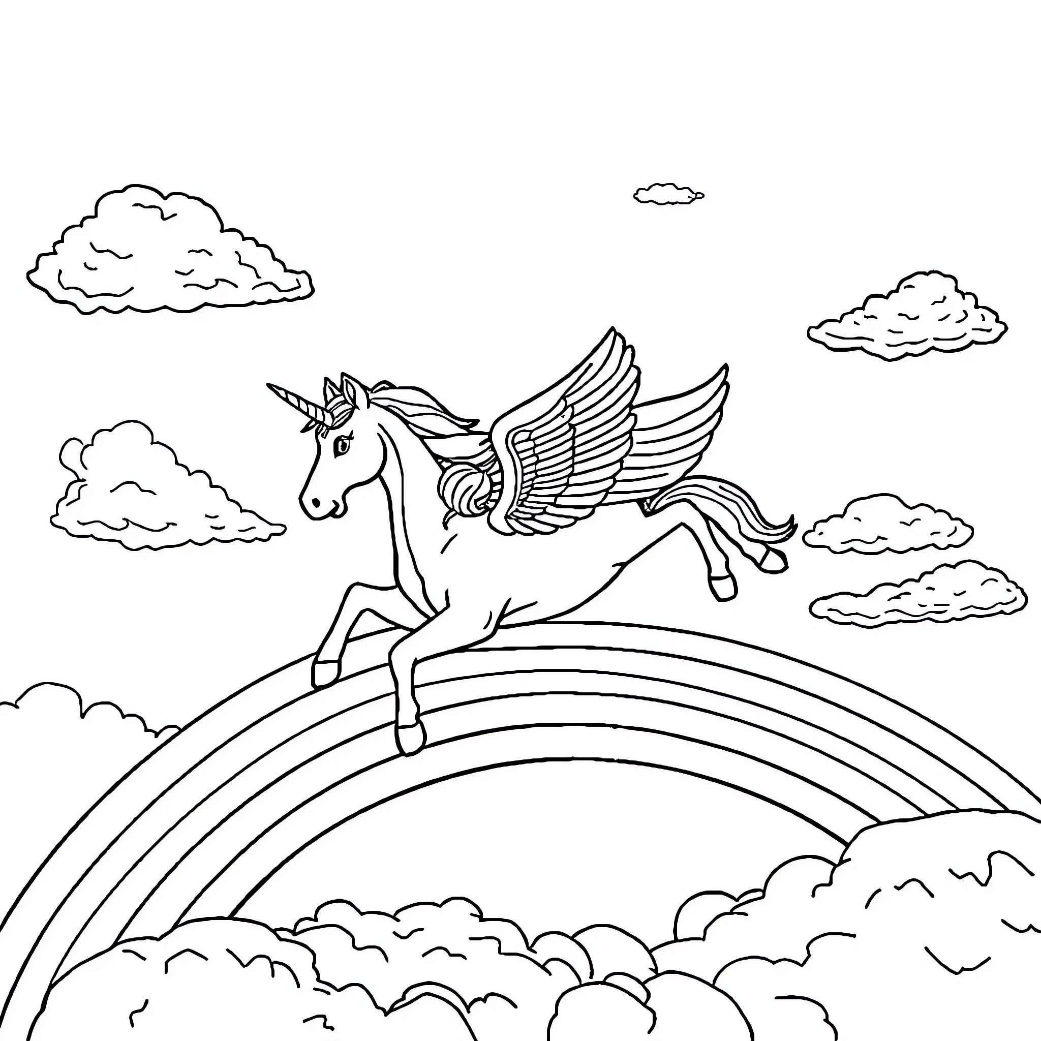 Unicorn soaring above clouds on rainbow Coloring Page (free black-and-white line drawing printable PDF for all, from beginners to advanced learners, including children, teens, adults, and seniors)