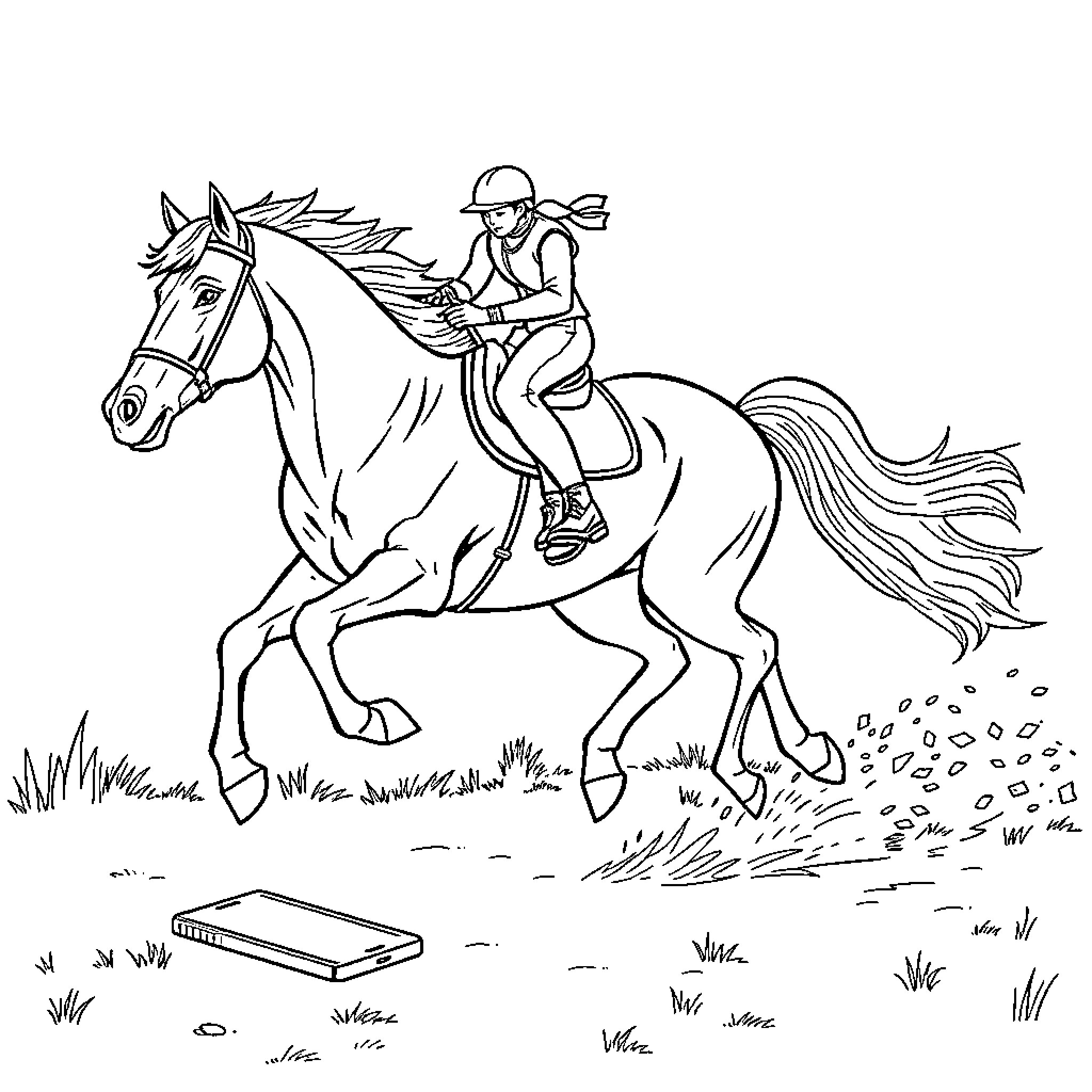 Horse and rider racing on the field Coloring Page (free black-and-white line drawing printable PDF for all, from beginners to advanced learners, including children, teens, adults, and seniors)