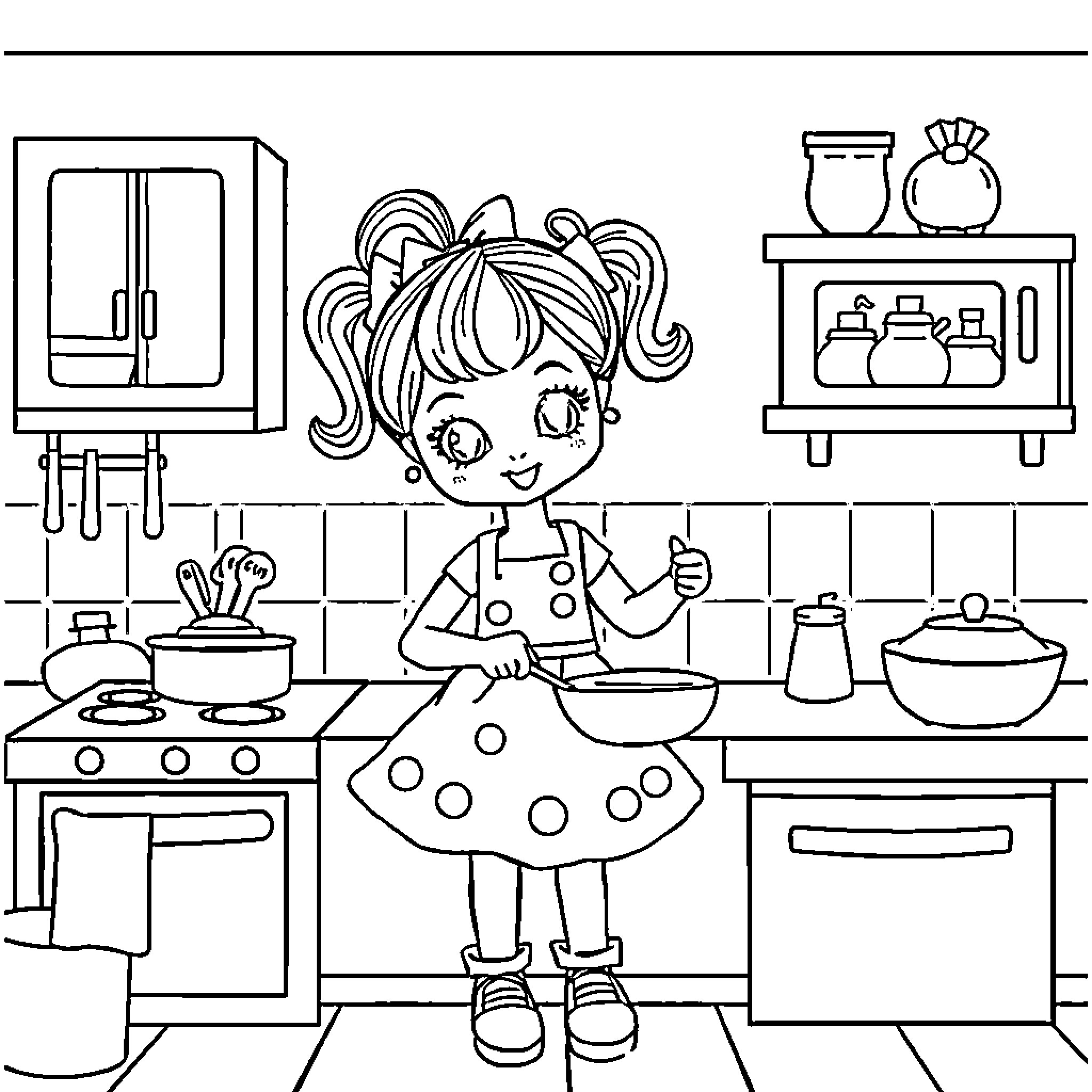 Doll cooking happily in the kitchen Coloring Page (free black-and-white line drawing printable PDF for all, from beginners to advanced learners, including children, teens, adults, and seniors)