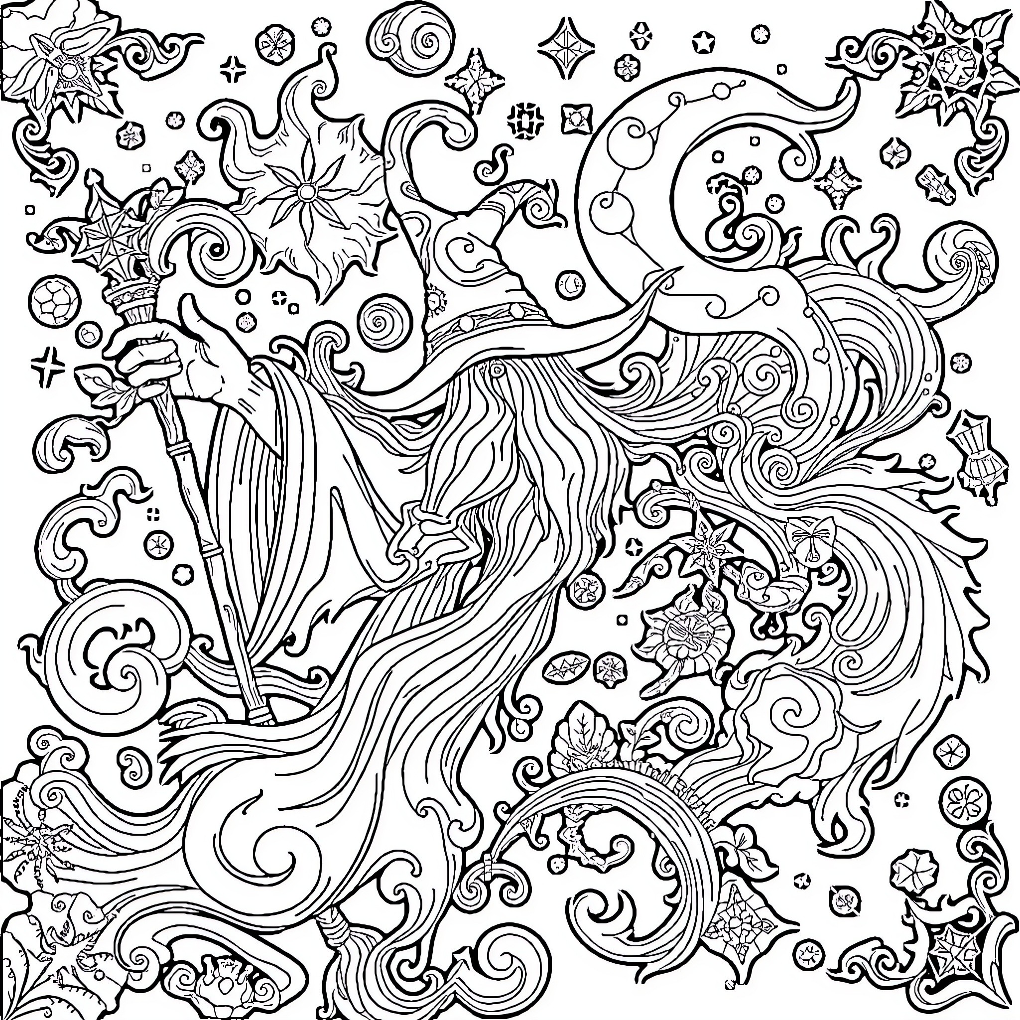 Sorcerer wielding magical powers in a fantastical realm Coloring Page (free black-and-white line drawing printable PDF for all, from beginners to advanced learners, including children, teens, adults, and seniors)