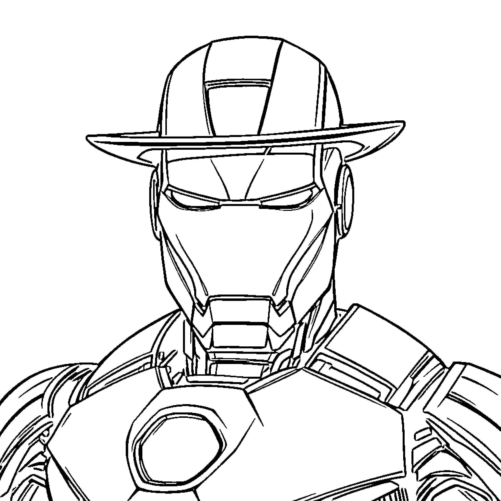 Iron Man character in a heroic pose Coloring Page (free black-and-white line drawing printable PDF for all, from beginners to advanced learners, including children, teens, adults, and seniors)