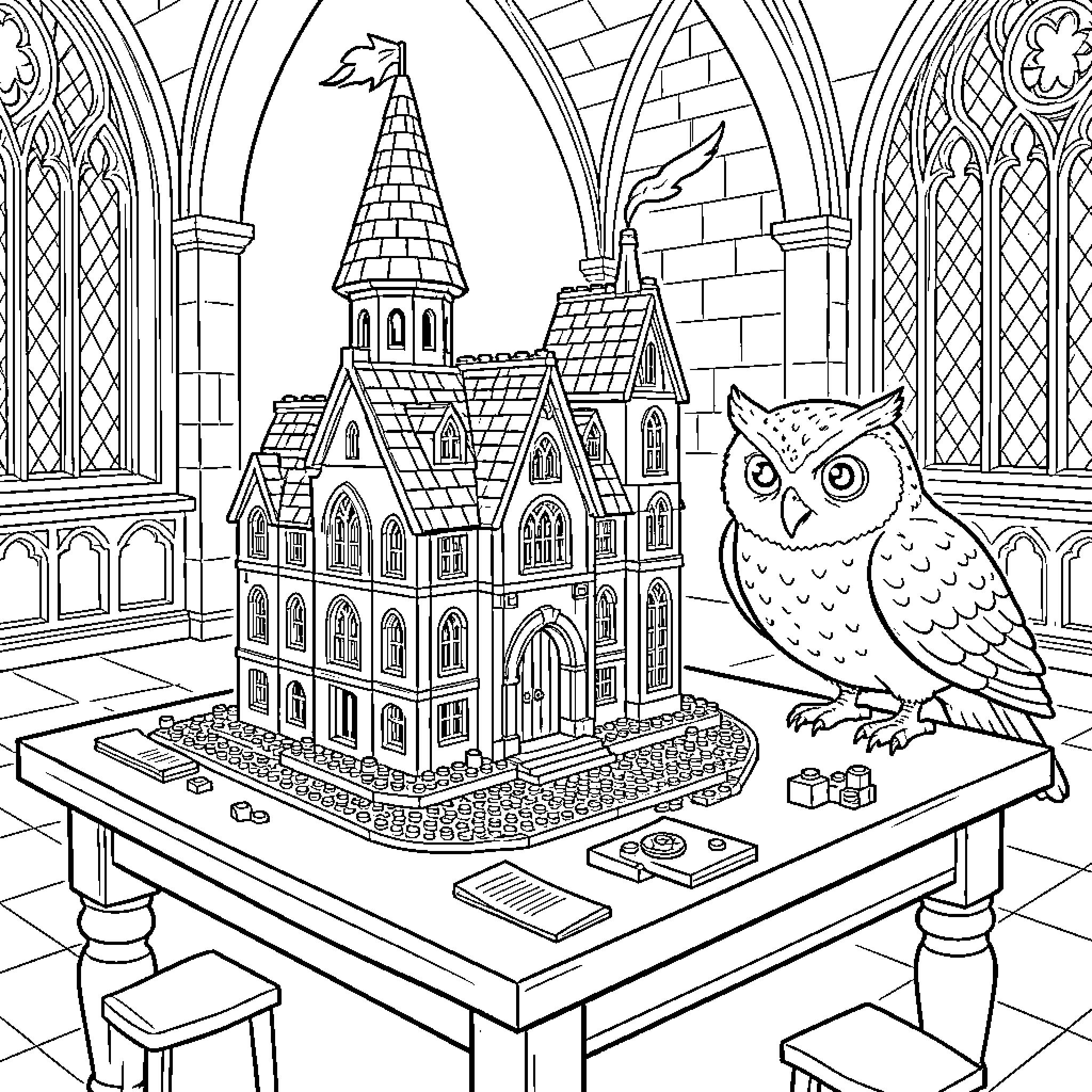 Harry Potter magic castle and owl on a table Coloring Page (free black-and-white line drawing printable PDF for all, from beginners to advanced learners, including children, teens, adults, and seniors)