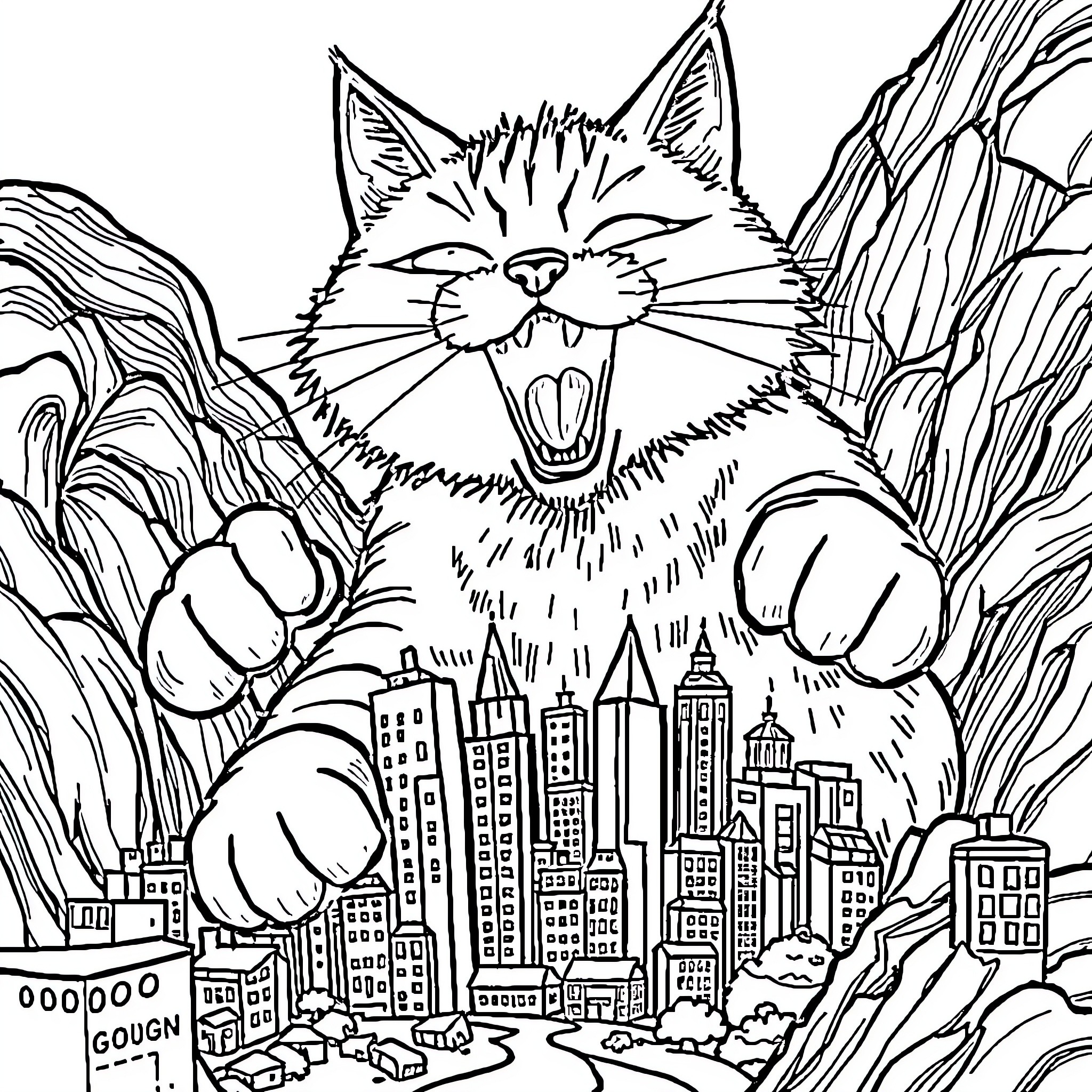 Cat destroying the city with its mighty paws Coloring Page (free black-and-white line drawing printable PDF for all, from beginners to advanced learners, including children, teens, adults, and seniors)