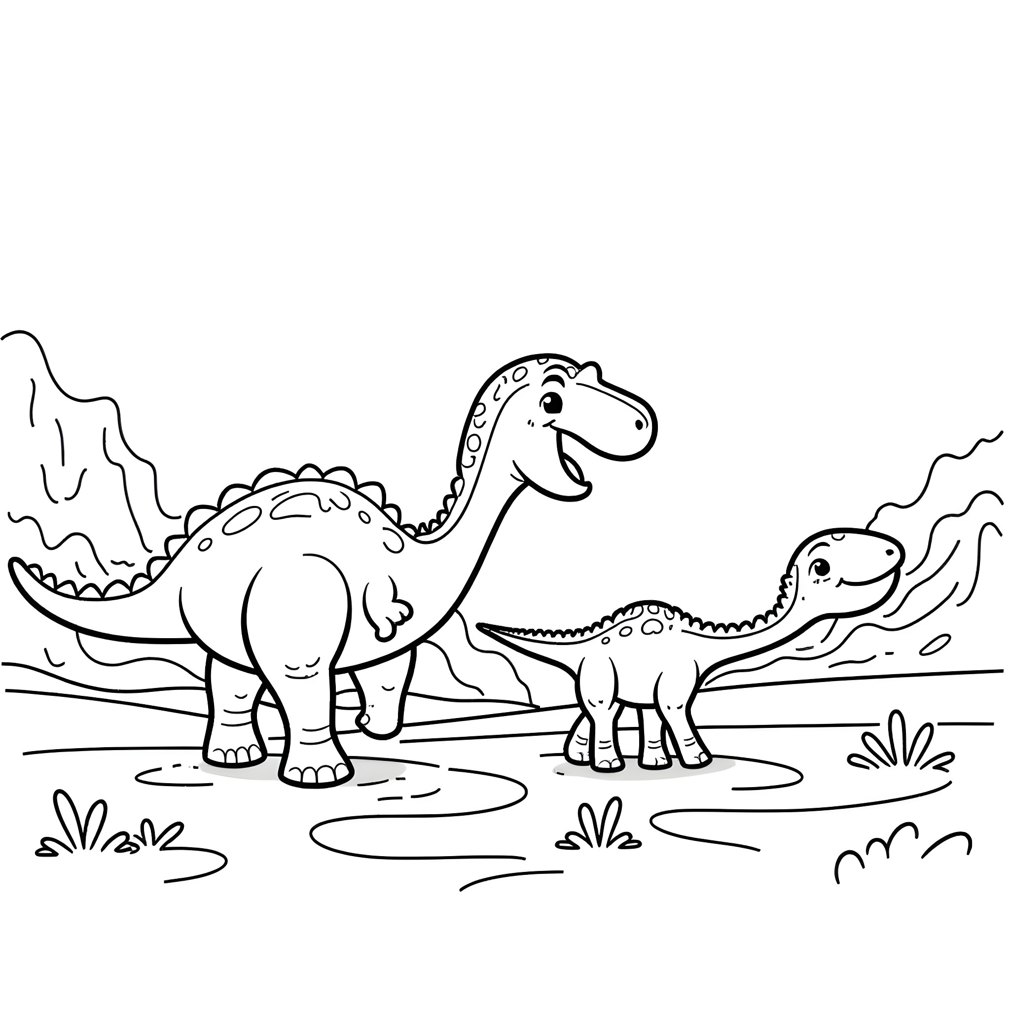 Dinosaurs playing in the prehistoric landscape Coloring Page (free black-and-white line drawing printable PDF for all, from beginners to advanced learners, including children, teens, adults, and seniors)