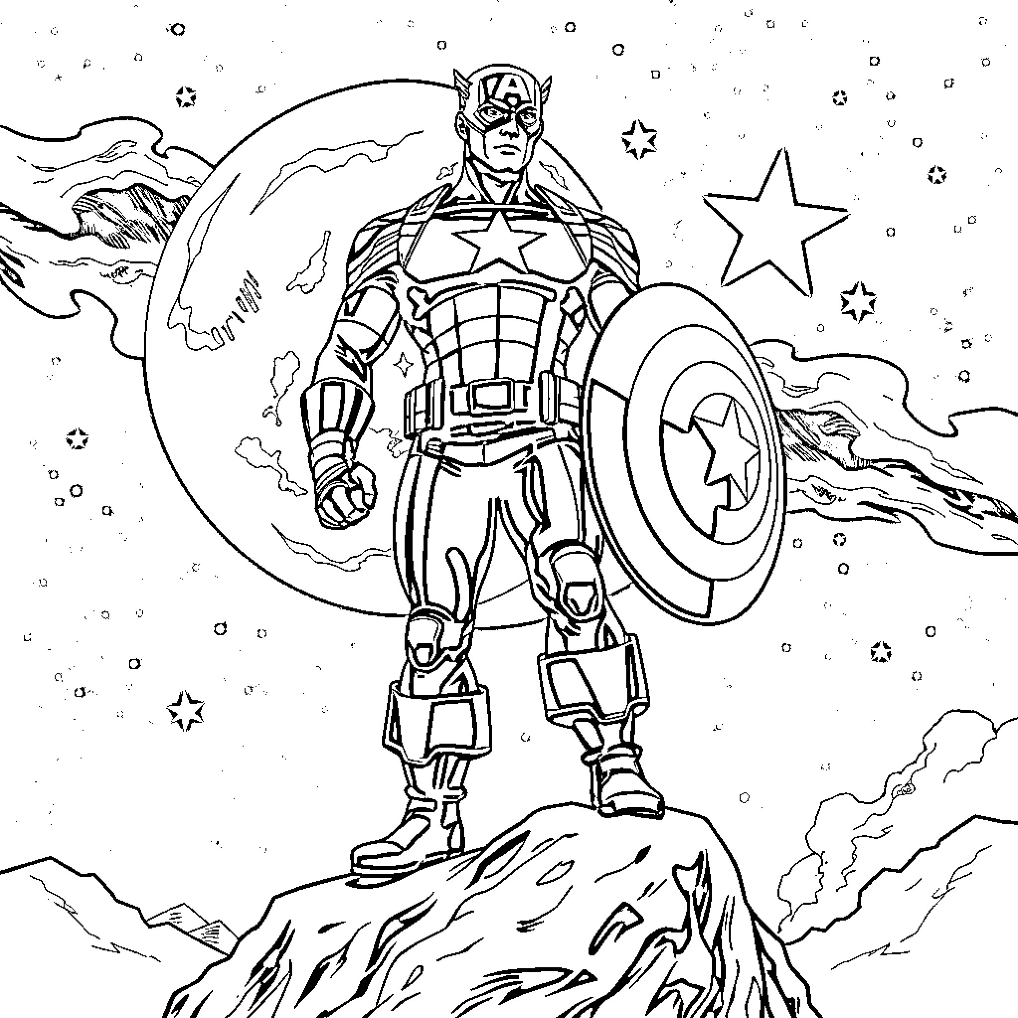 Captain America: Heroic Stance in the Cosmic Landscape Coloring Page (free black-and-white line drawing printable PDF for all, from beginners to advanced learners, including children, teens, adults, and seniors)