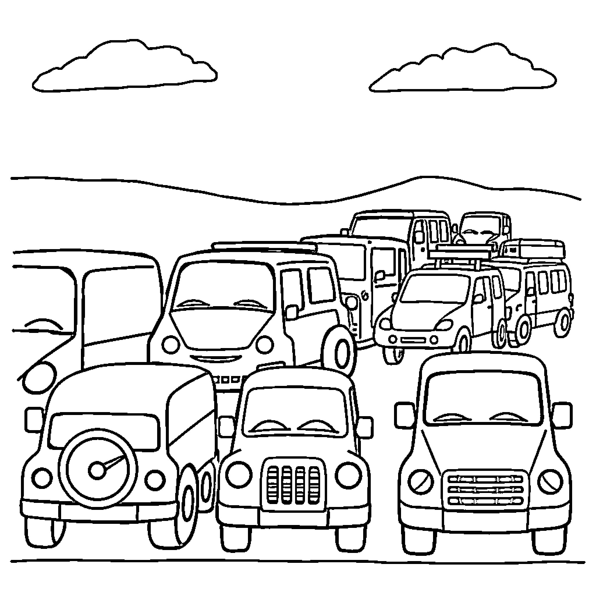 Vehicles in a busy traffic scene Coloring Page (free black-and-white line drawing printable PDF for all, from beginners to advanced learners, including children, teens, adults, and seniors)