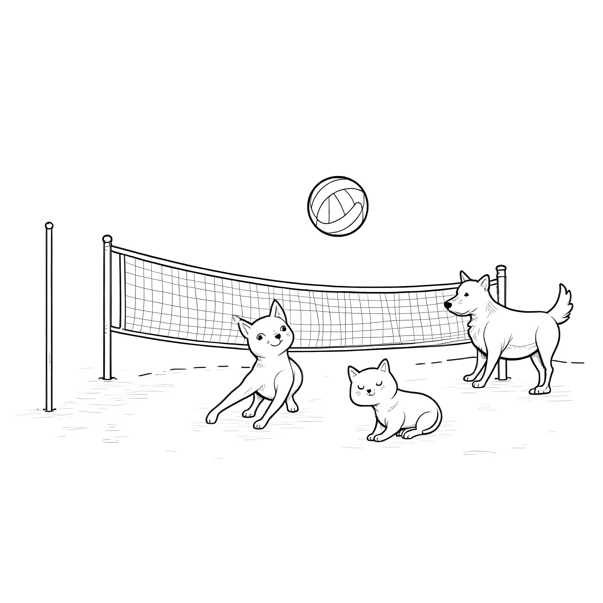 Dogs playing volleyball on the beach Coloring Page (free black-and-white line drawing printable PDF for all, from beginners to advanced learners, including children, teens, adults, and seniors)