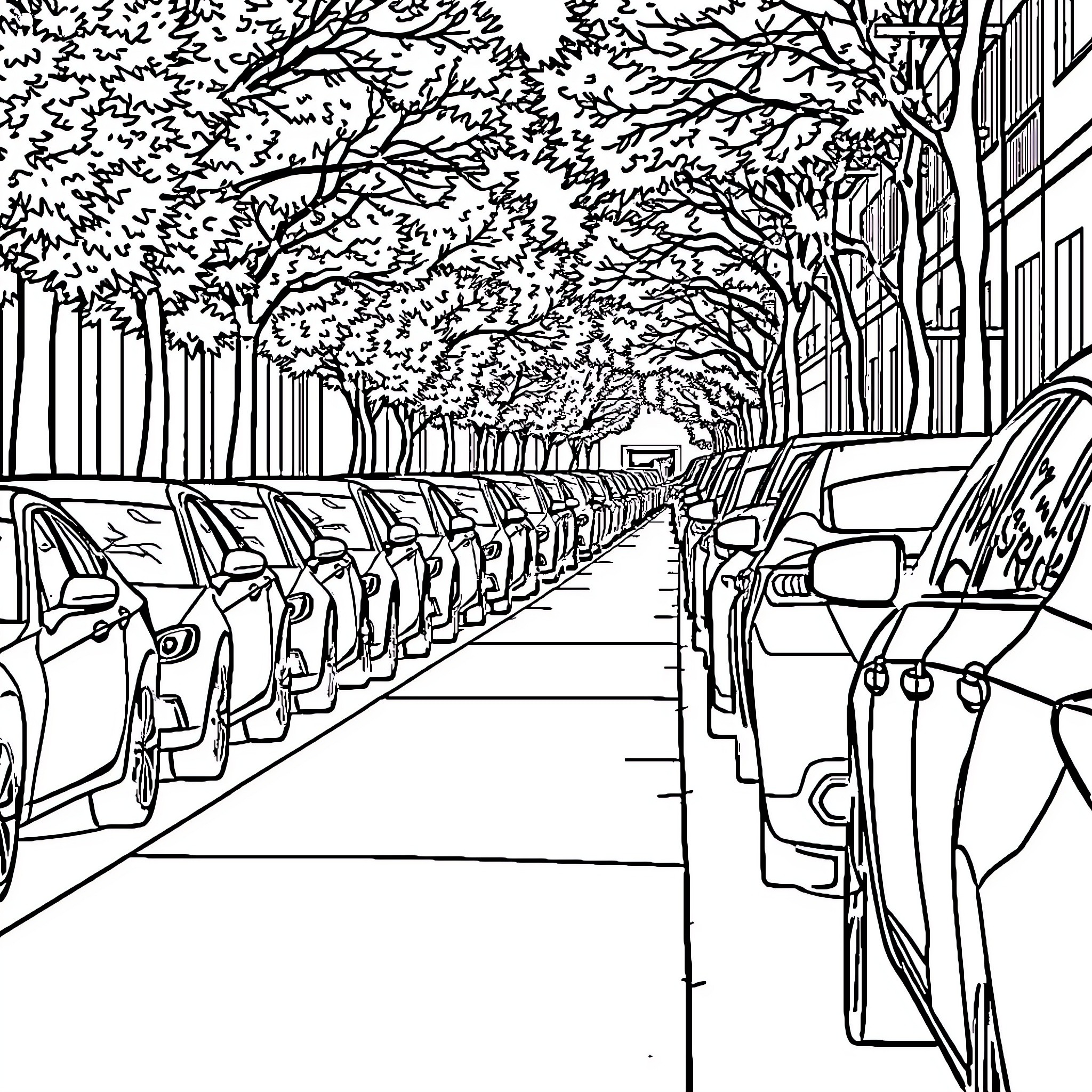 Car lined street with trees and buildings Coloring Page (free black-and-white line drawing printable PDF for all, from beginners to advanced learners, including children, teens, adults, and seniors)