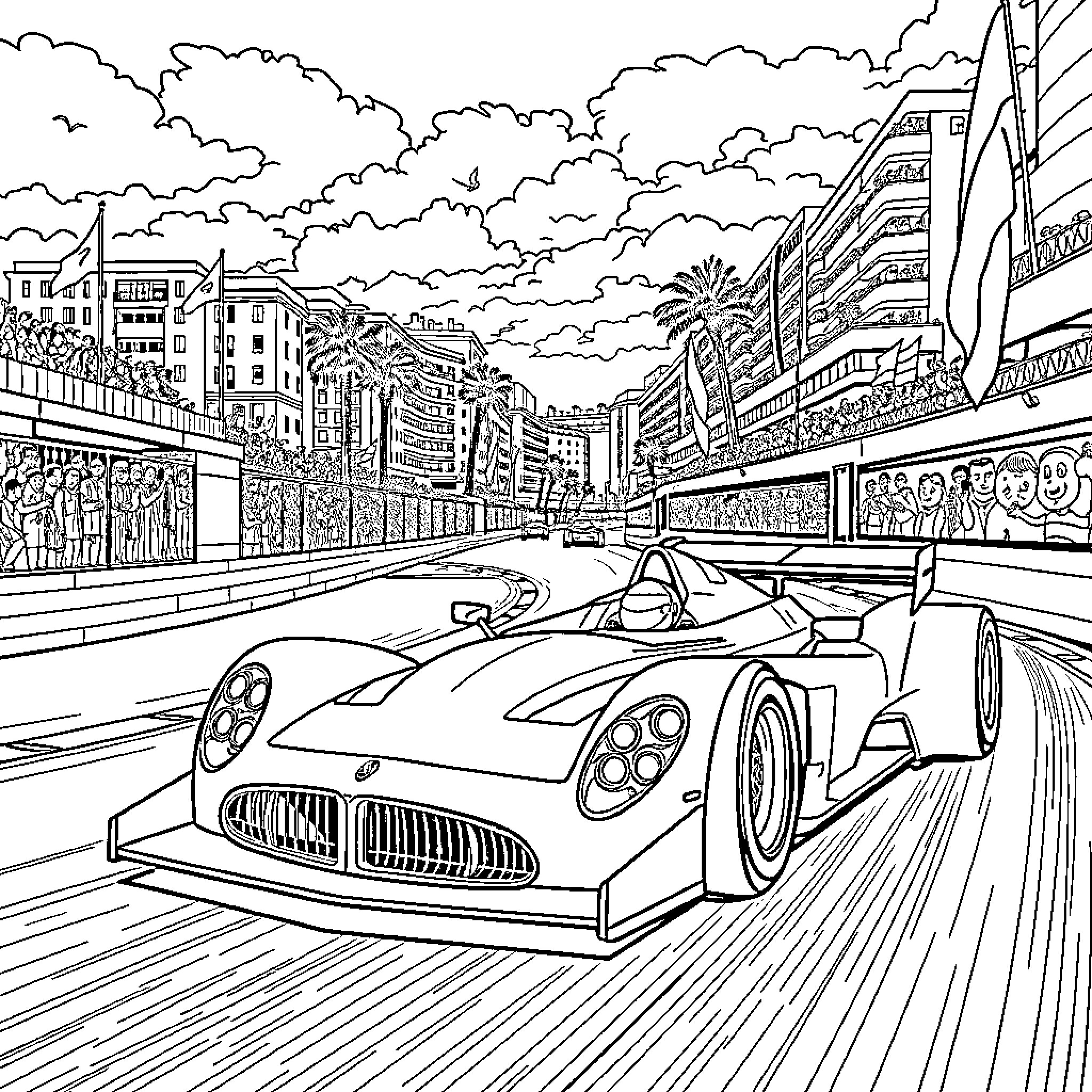 Maserati racing through the city streets Coloring Page (free black-and-white line drawing printable PDF for all, from beginners to advanced learners, including children, teens, adults, and seniors)