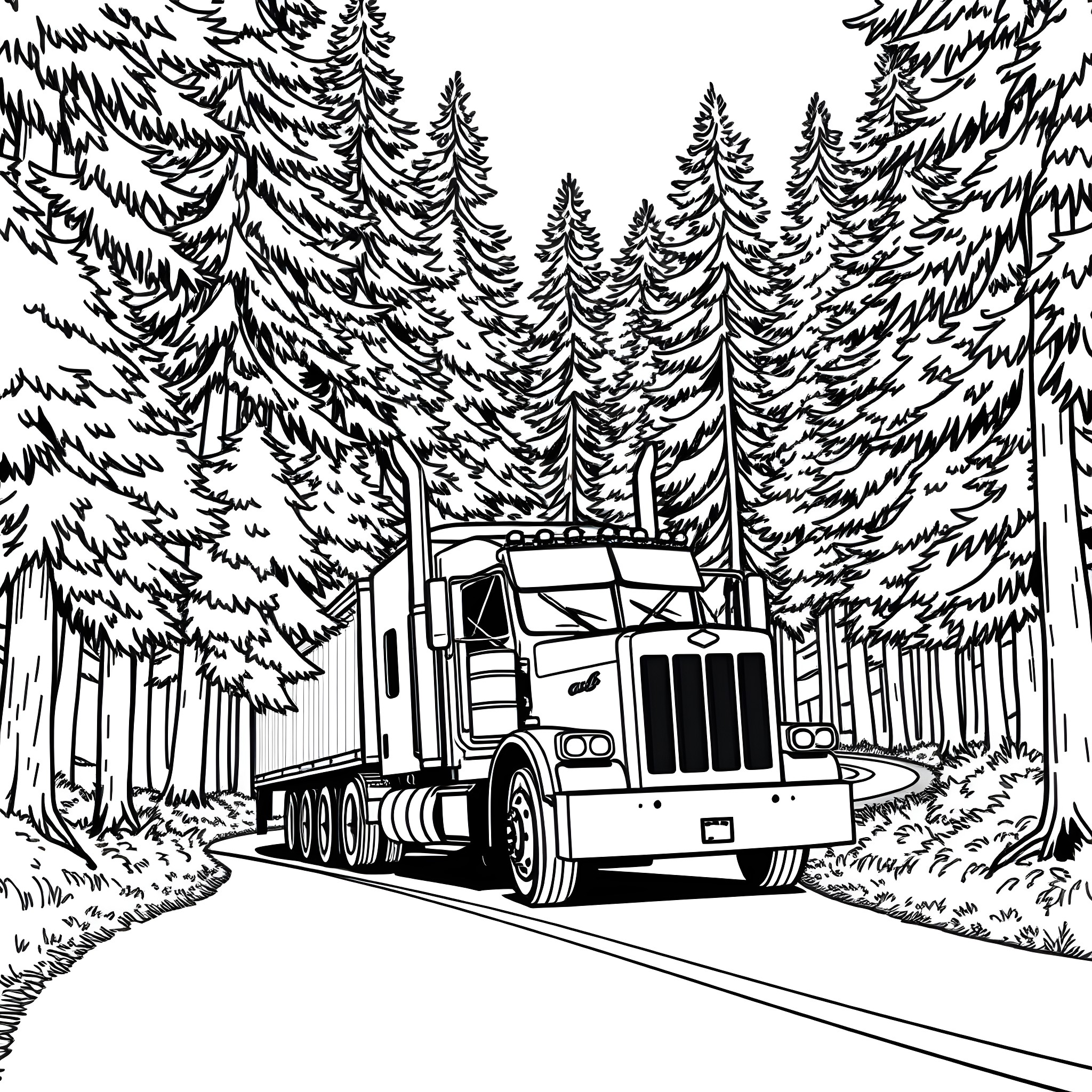 Truck hauling through snowy forest landscape Coloring Page (free black-and-white line drawing printable PDF for all, from beginners to advanced learners, including children, teens, adults, and seniors)