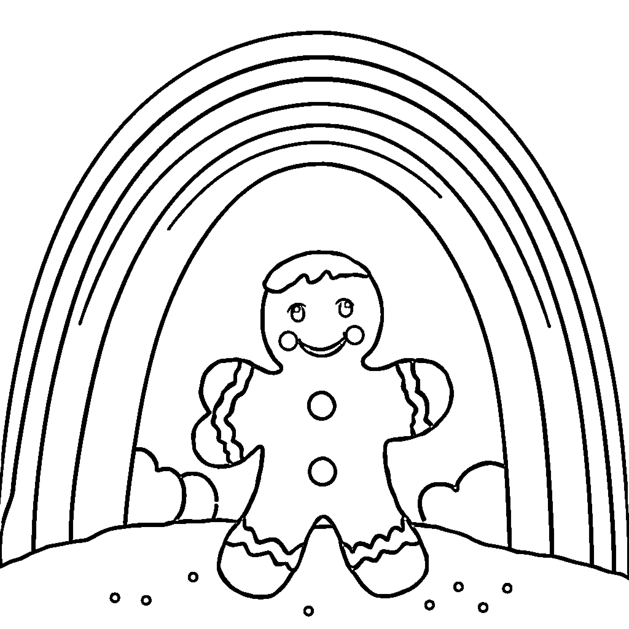 Gingerbread Man enjoying the rainbow backdrop Coloring Page (free black-and-white line drawing printable PDF for all, from beginners to advanced learners, including children, teens, adults, and seniors)
