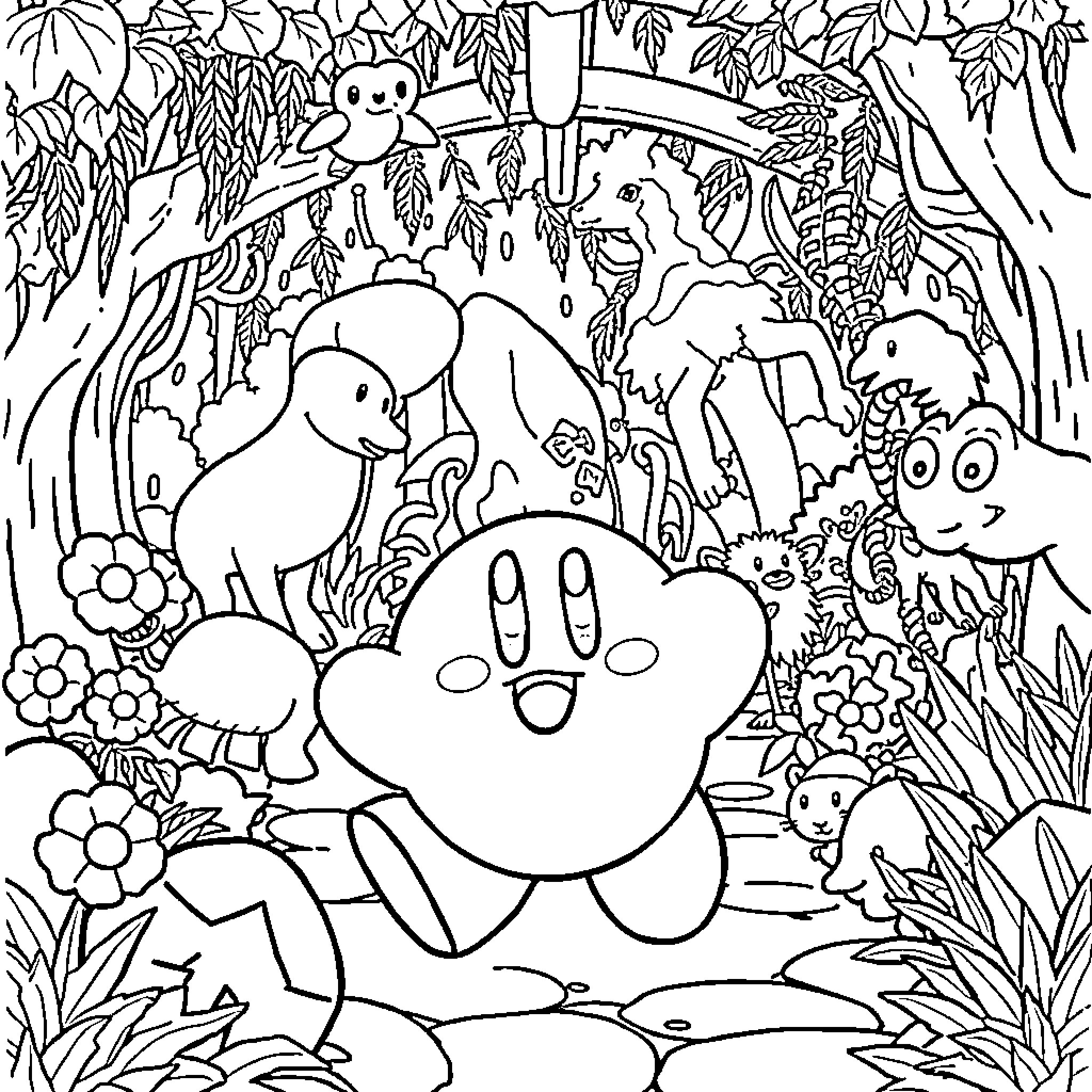 Kirby's Adventure in the Enchanted Forest Coloring Page (free black-and-white line drawing printable PDF for all, from beginners to advanced learners, including children, teens, adults, and seniors)