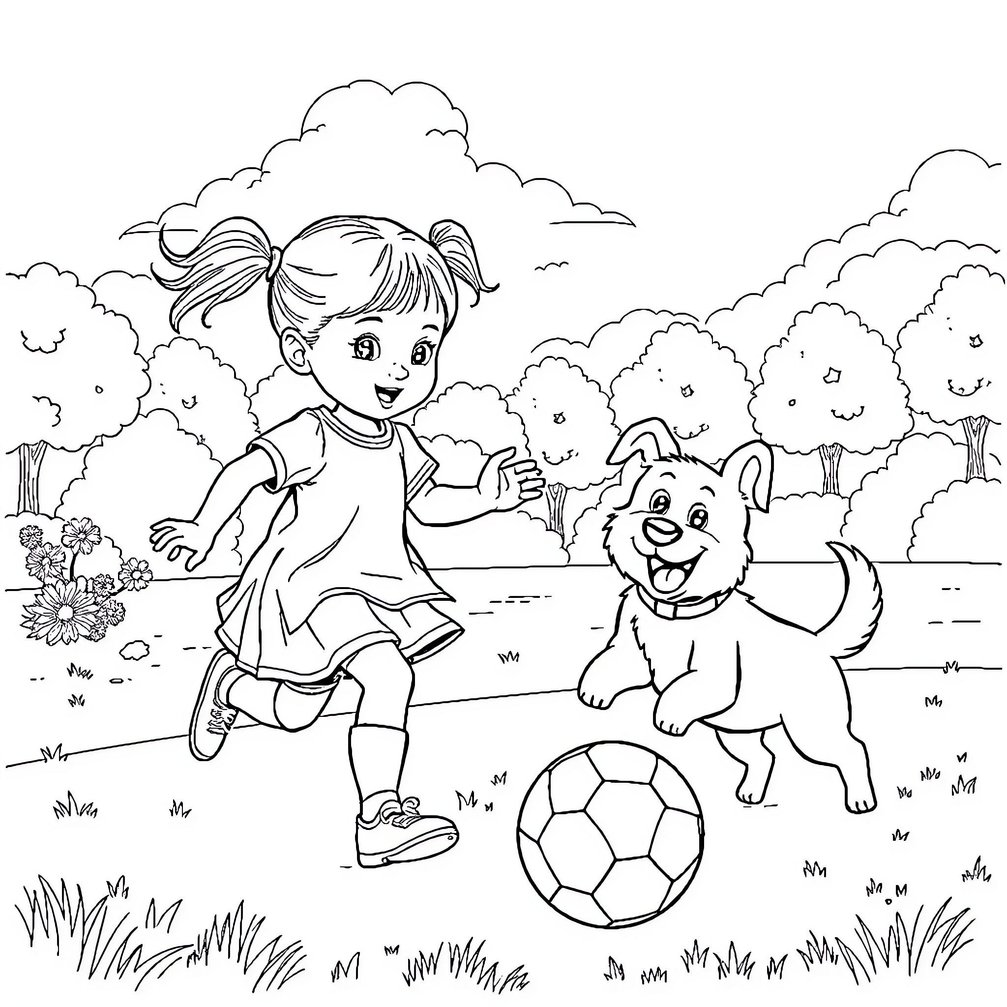 Girl playing with puppy in park Coloring Page (free black-and-white line drawing printable PDF for all, from beginners to advanced learners, including children, teens, adults, and seniors)