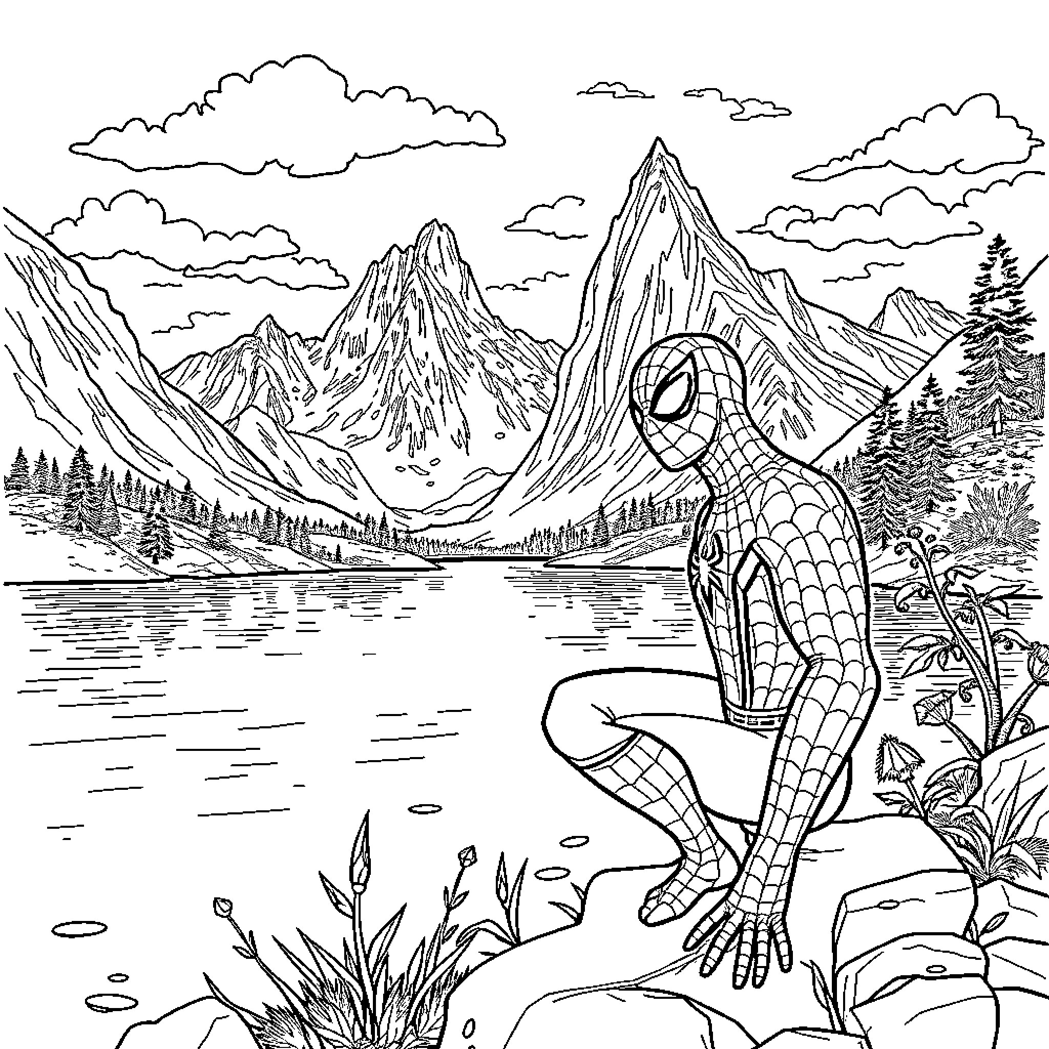Spiderman in Mountain Wilderness Scenery Coloring Page (free black-and-white line drawing printable PDF for all, from beginners to advanced learners, including children, teens, adults, and seniors)