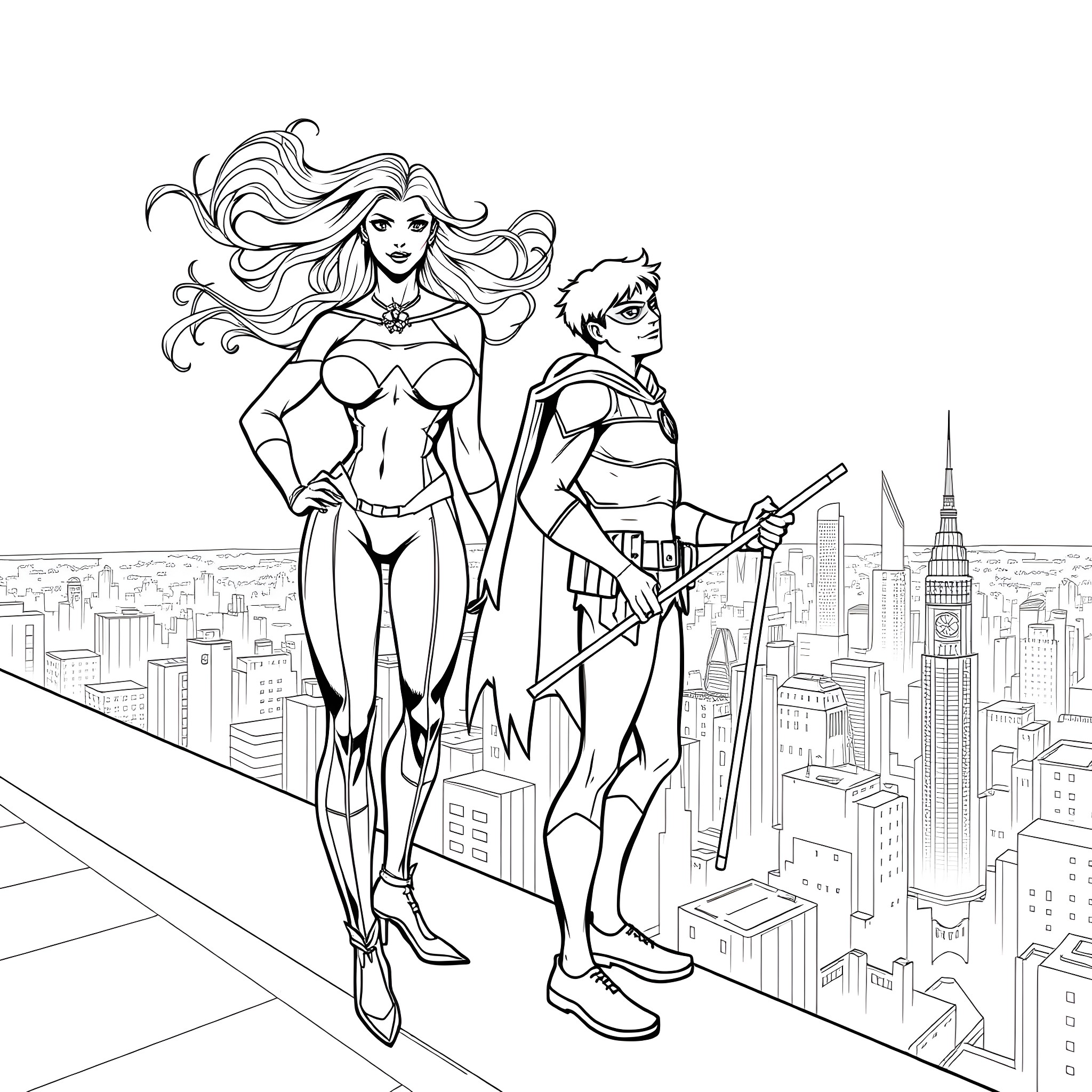 Starfire and Robin in the city Coloring Page (free black-and-white line drawing printable PDF for all, from beginners to advanced learners, including children, teens, adults, and seniors)