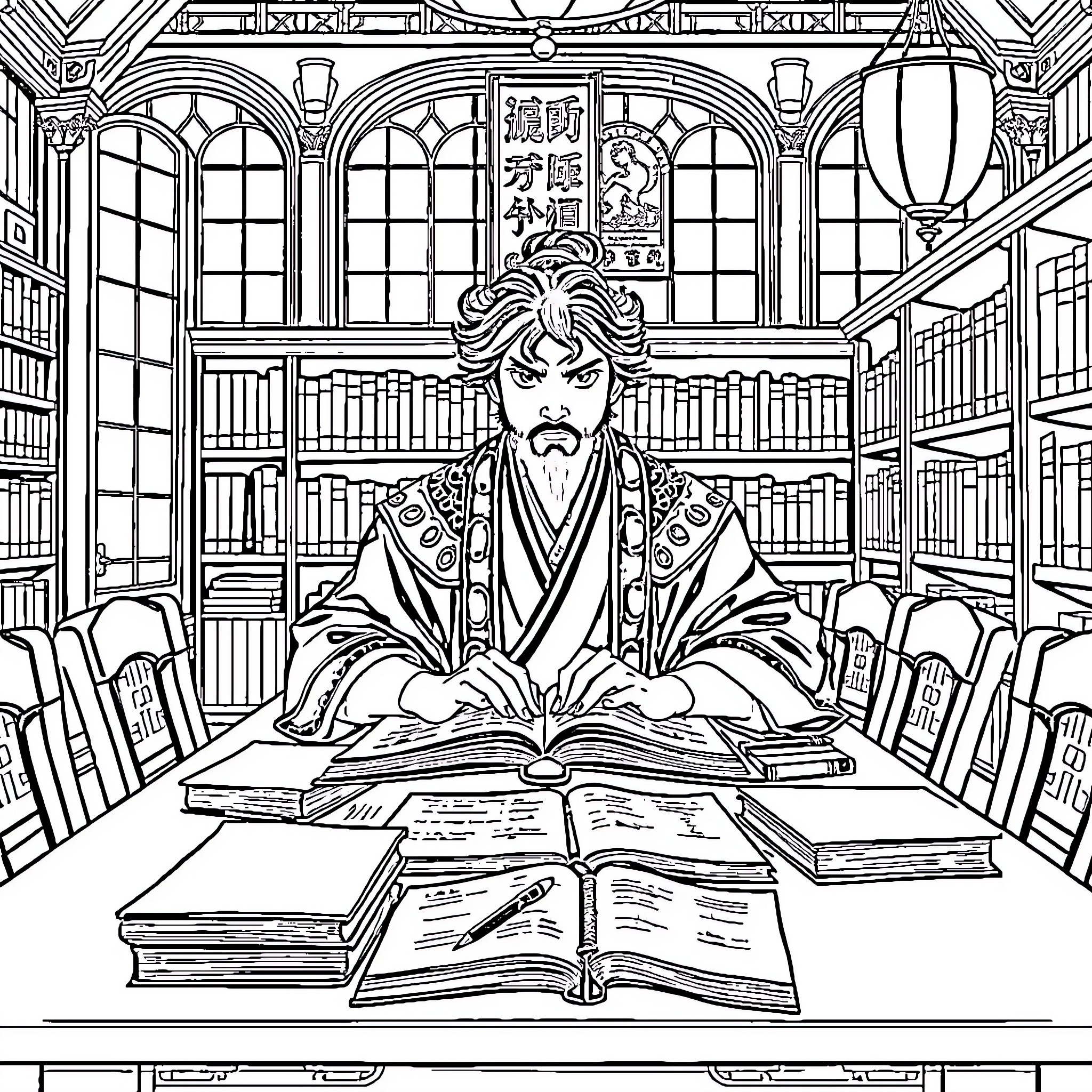 Rengoku studying diligently in a traditional library Coloring Page (free black-and-white line drawing printable PDF for all, from beginners to advanced learners, including children, teens, adults, and seniors)