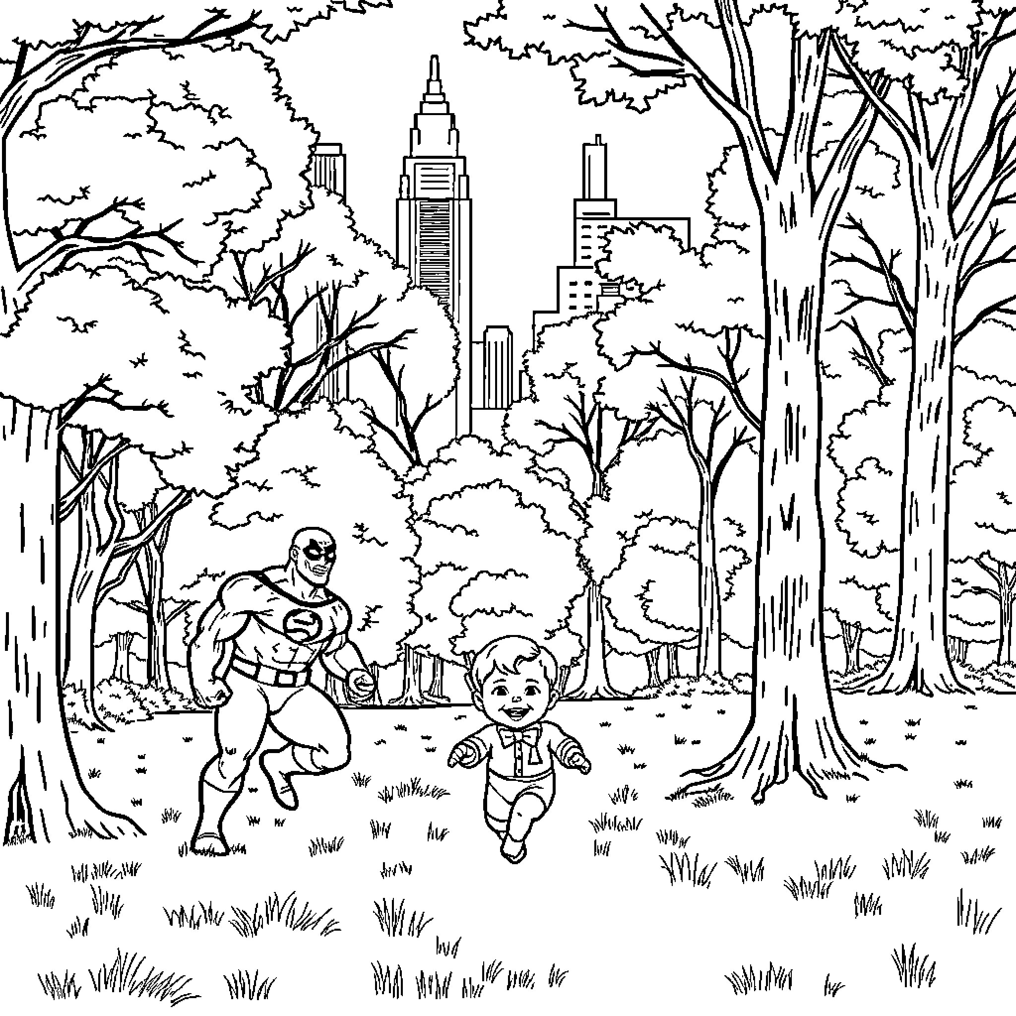 Fantastic Four Superheroes in the City Park Coloring Page (free black-and-white line drawing printable PDF for all, from beginners to advanced learners, including children, teens, adults, and seniors)