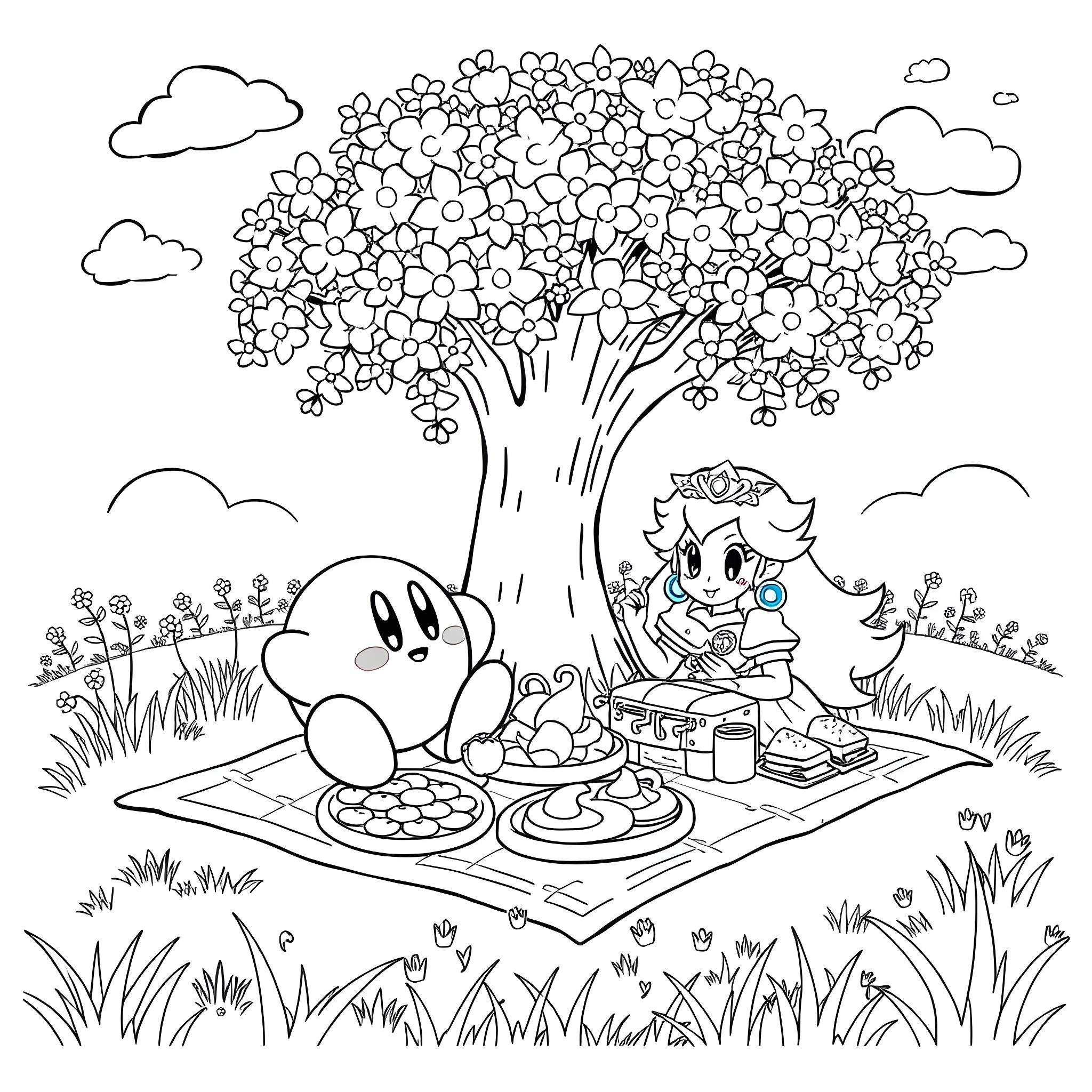 Kirby enjoying a picnic with friends under a blooming tree Coloring Page (free black-and-white line drawing printable PDF for all, from beginners to advanced learners, including children, teens, adults, and seniors)