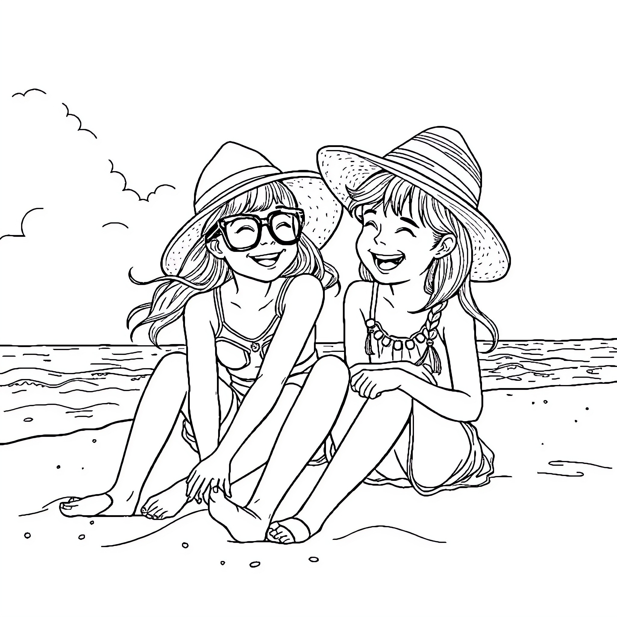 Girls enjoying summer fun at the beach Coloring Page (free black-and-white line drawing printable PDF for all, from beginners to advanced learners, including children, teens, adults, and seniors)