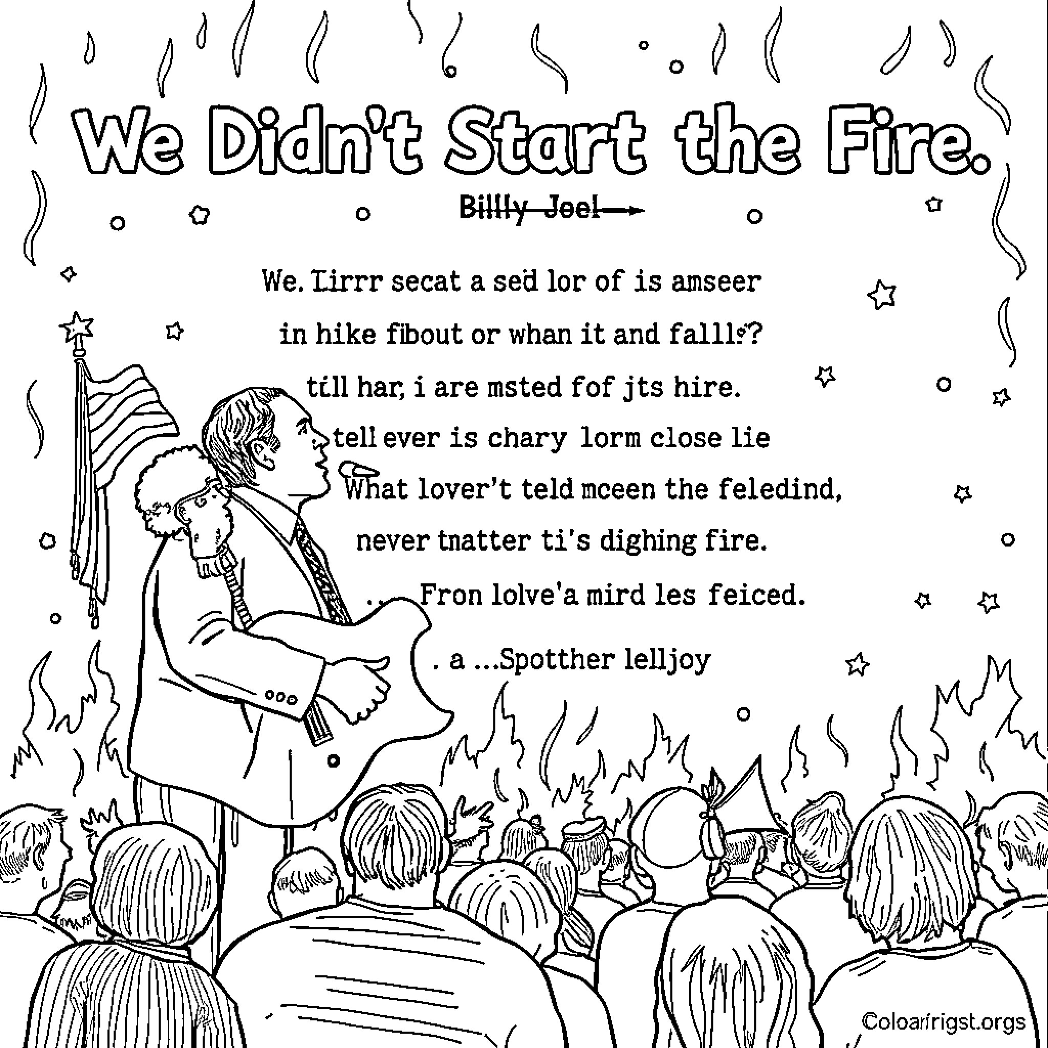 Billy Joel performing on stage with a crowd Coloring Page (free black-and-white line drawing printable PDF for all, from beginners to advanced learners, including children, teens, adults, and seniors)